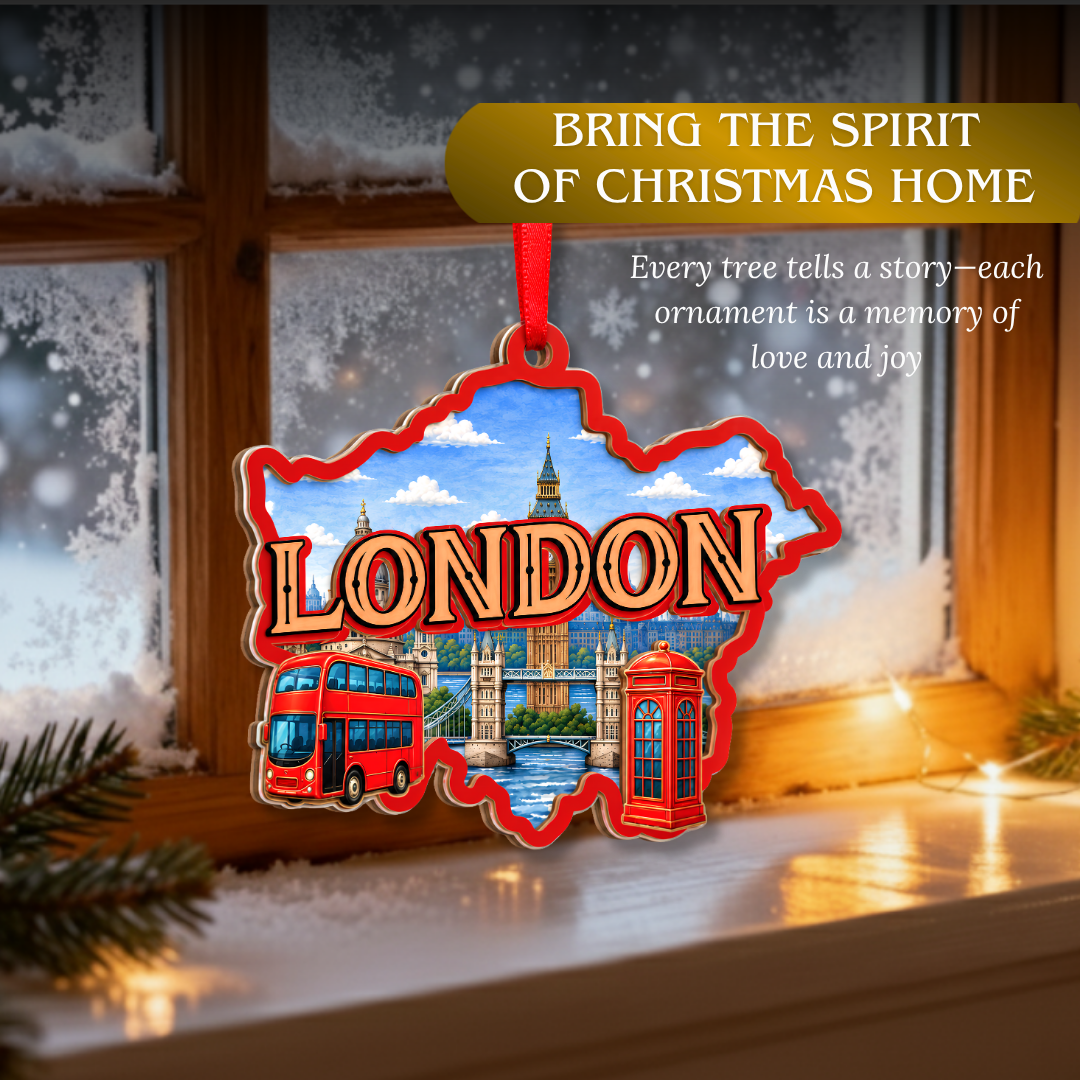 London Ornament, 2 Layer Wood and Acrylic, Christmas Tree Decoration, Travel Souvenir Gift, Christmas Ornament