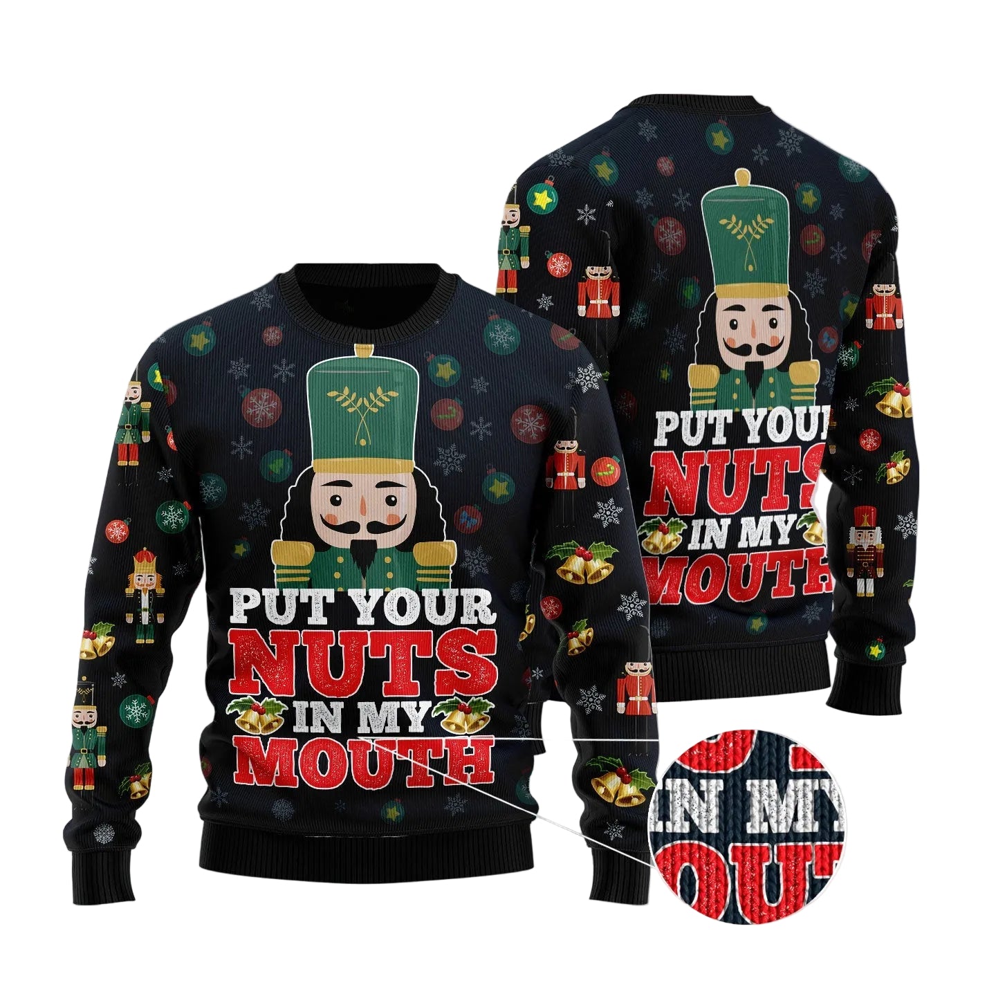 Nutcracker Ugly Christmas Sweater, Put Your Nuts in My Mouth Funny Holiday Pullover for Adult Parties and Gag Gifts