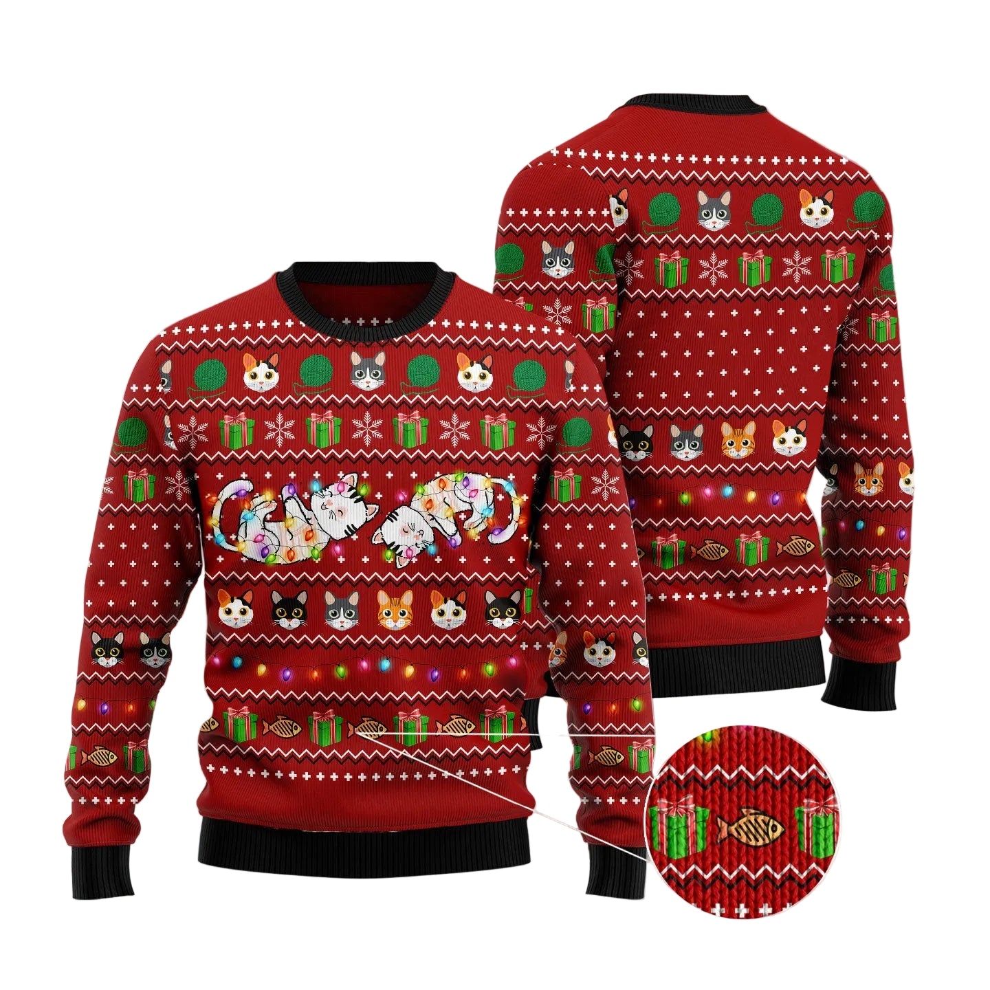 Christmas Cat Lights Ugly Christmas Sweater, Cute Cat Holiday Pullover, Holiday Gatherings and Family Photos