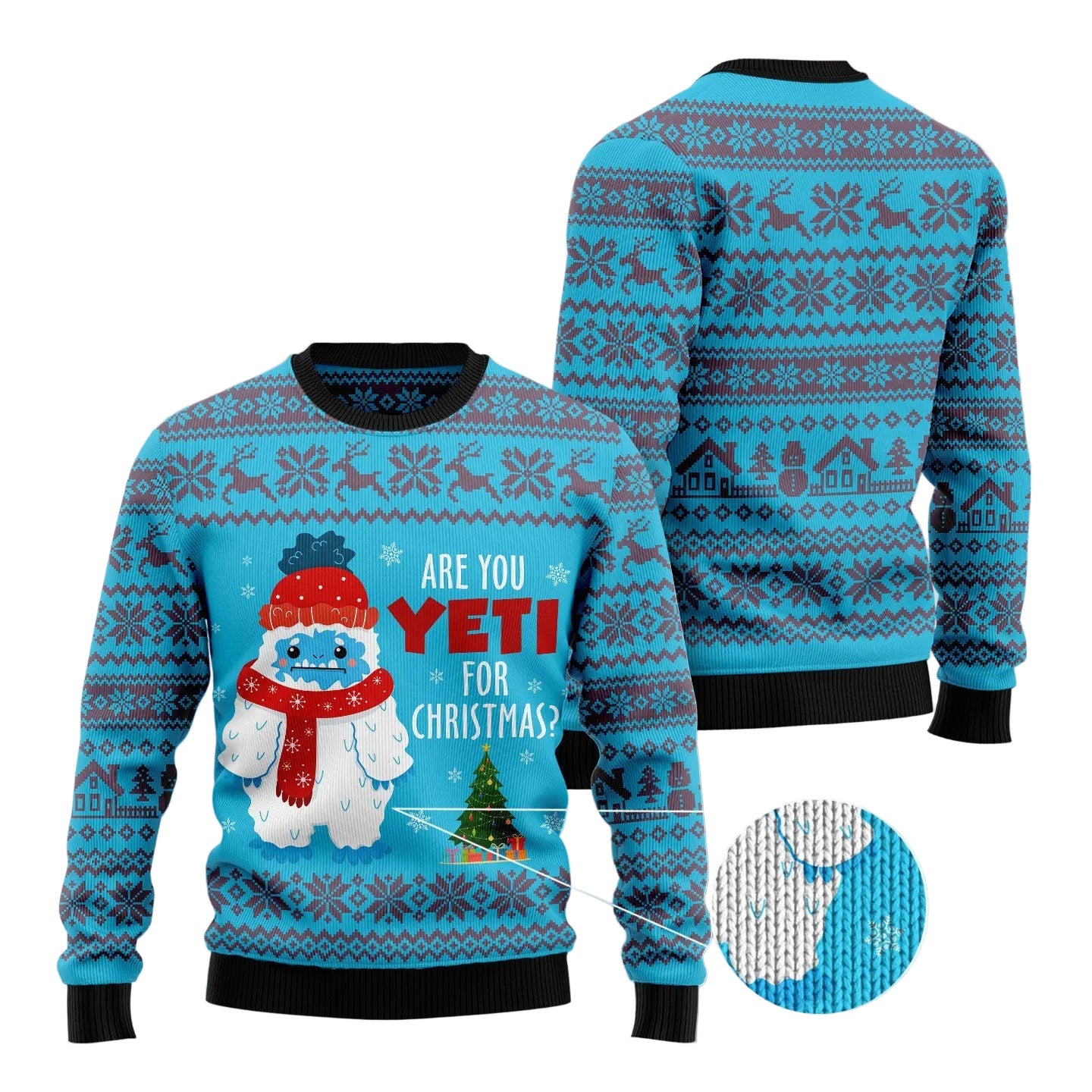 A festive Christmas sweater shown from the front and back on a soft pink bokeh background. The sweater has a bright blue base with dark blue and red Fair Isle holiday patterns, featuring a cartoon snowman wearing a red hat and scarf with the text 'ARE YOU YETI FOR CHRISTMAS?'.