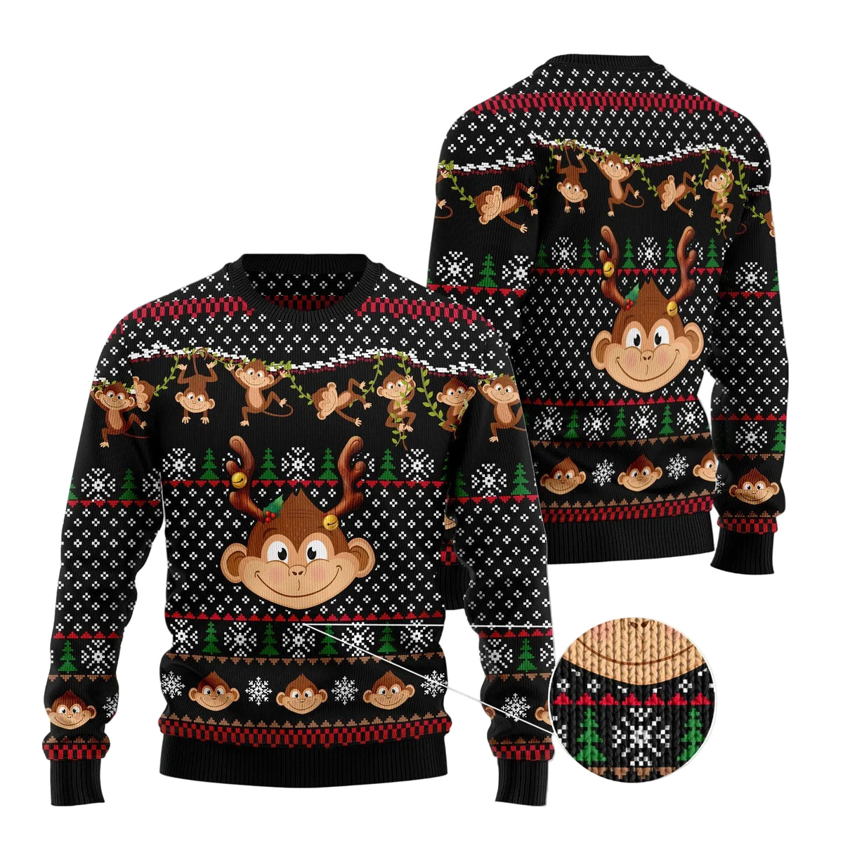 Monkey Christmas Pattern Ugly Christmas Sweater | Holiday Gift for Monkey Lovers | Matching Family Party Outfit