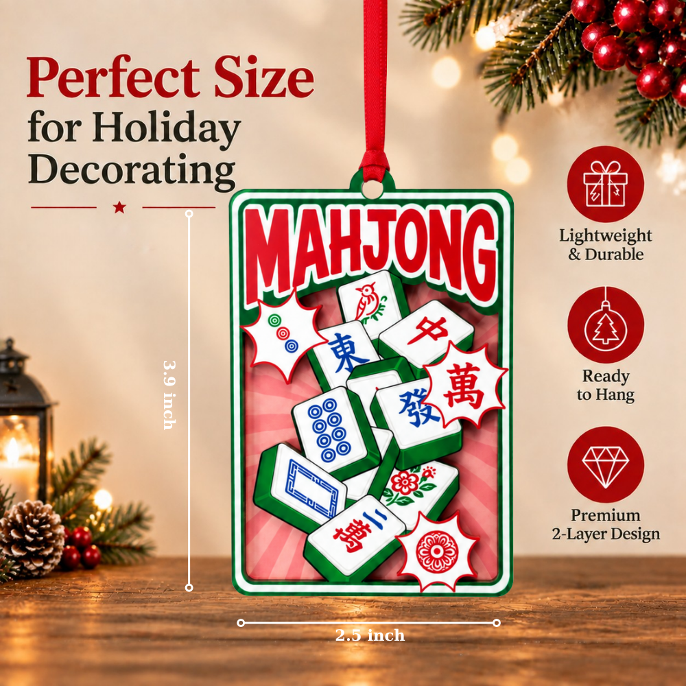 Mahjong Christmas Ornament, Wood & Acrylic Christmas Tree Decoration, Holiday Gift for Collectors & Holiday Decor Lovers