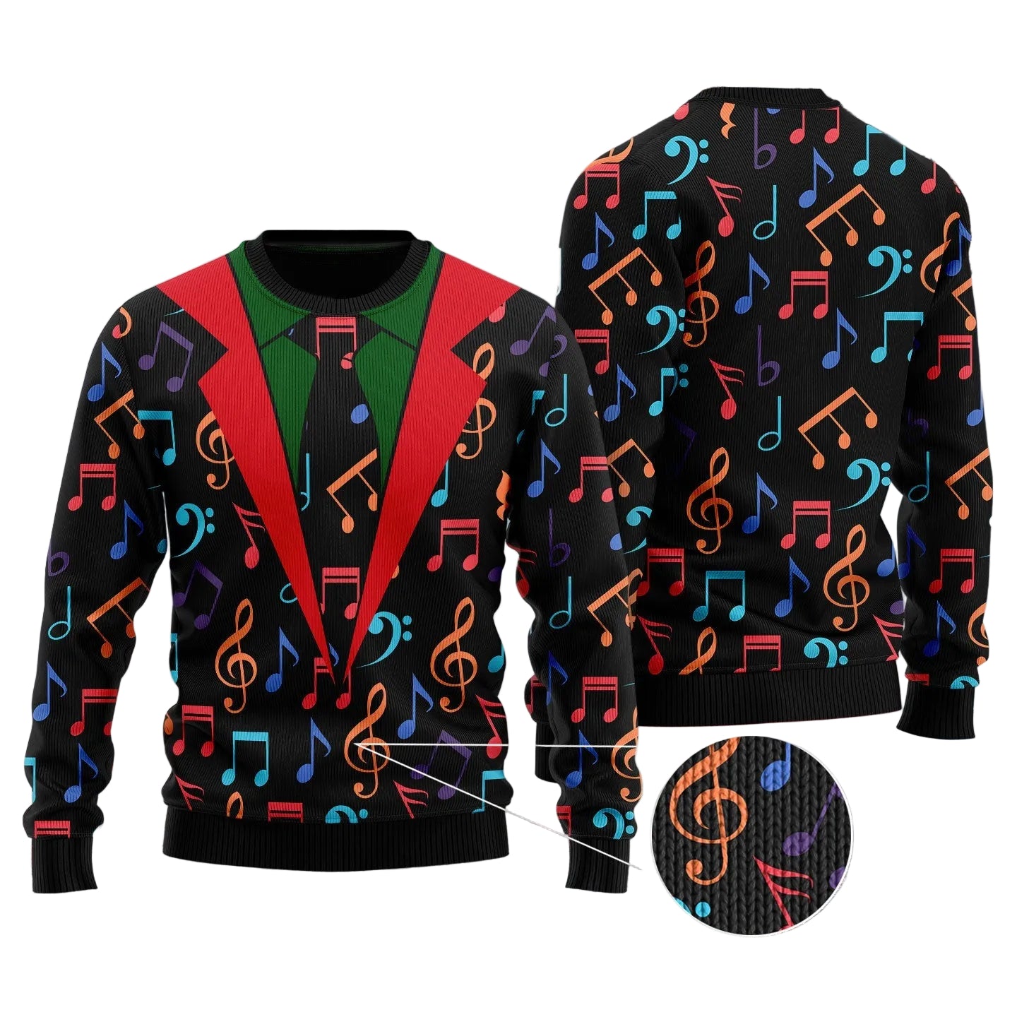 A black Christmas sweater with a multicolor music note pattern, styled as a suit with a red lapel and green shirt front, shown in front and back views on a snowy background. A circular logo for 'The Shark Custom' is visible in the top left.
