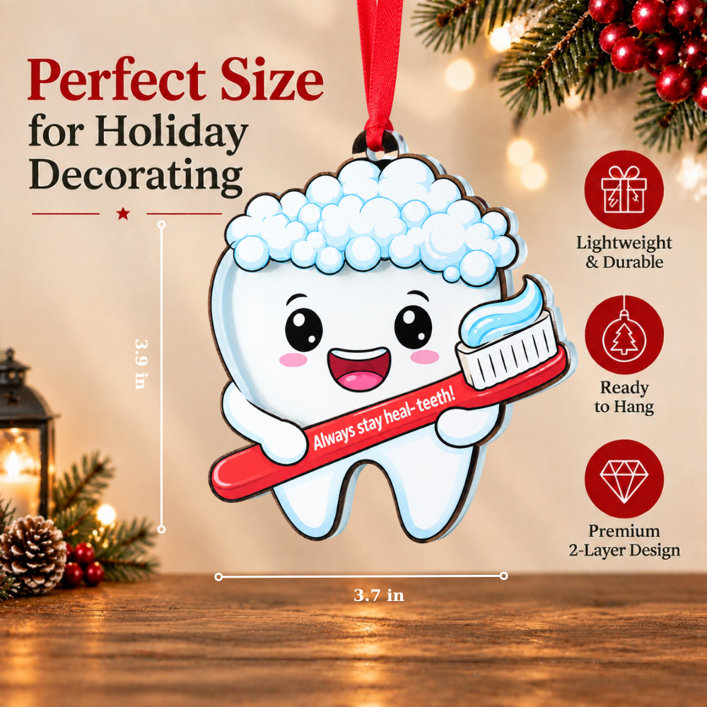 Tooth Dental Christmas Ornament, Wood & Acrylic Christmas Tree Decoration, Holiday Gift for Dentists