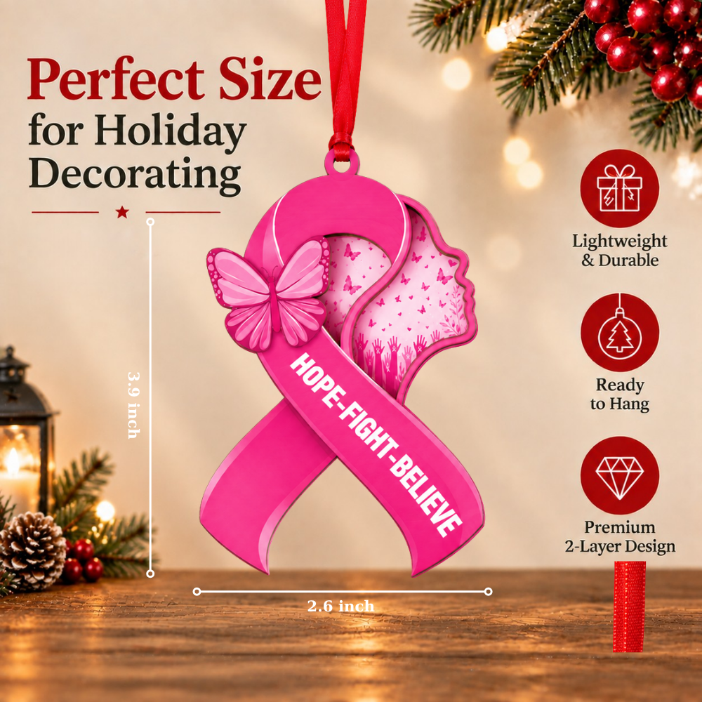 Breast Cancer Christmas Ornament, Wood & Acrylic Christmas Tree Decoration, Holiday Gift for Awareness