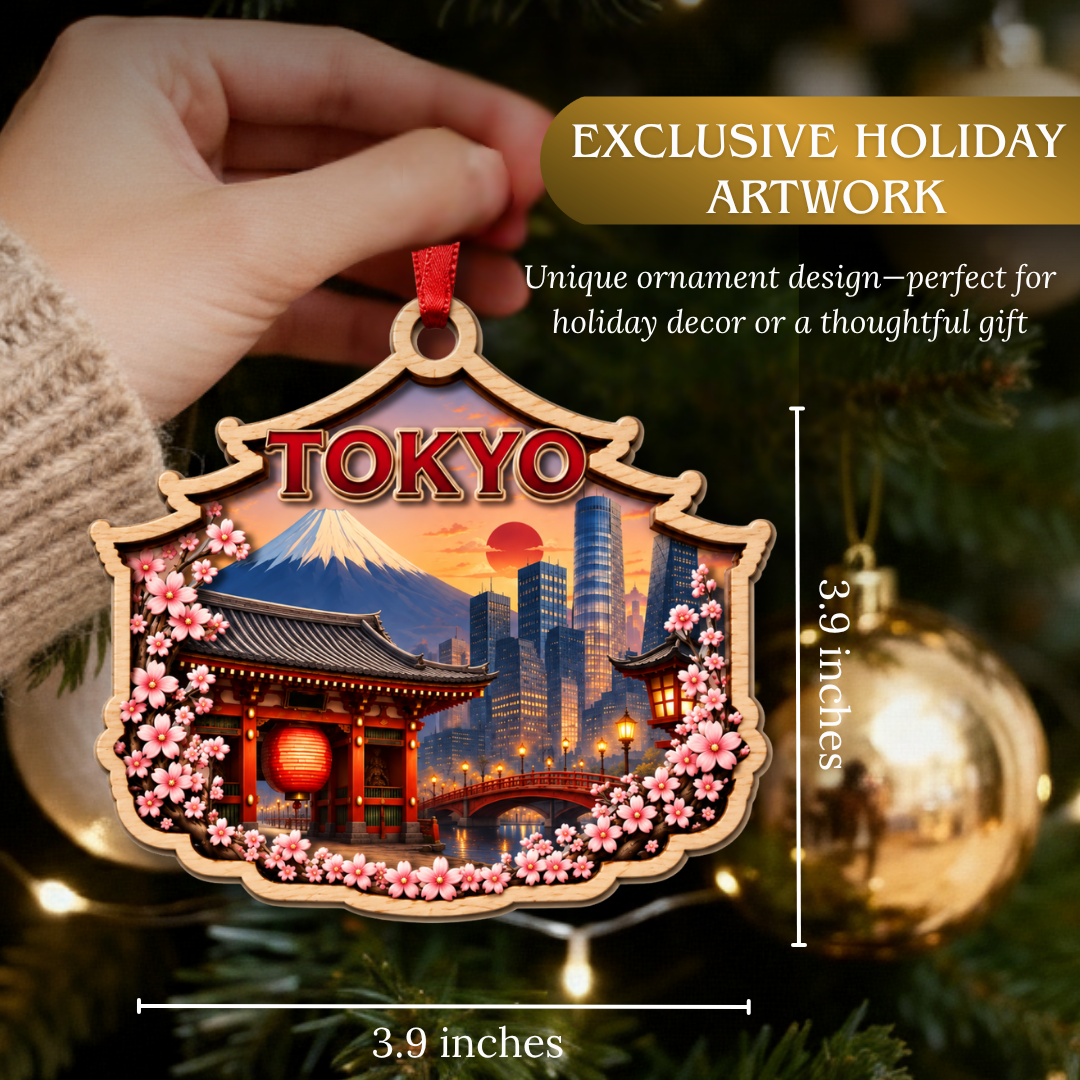 Tokyo Christmas Ornament, 2 Layer Wood and Acrylic, Christmas Tree Decoration, Travel Souvenir Gift, Xmas Tree Decor