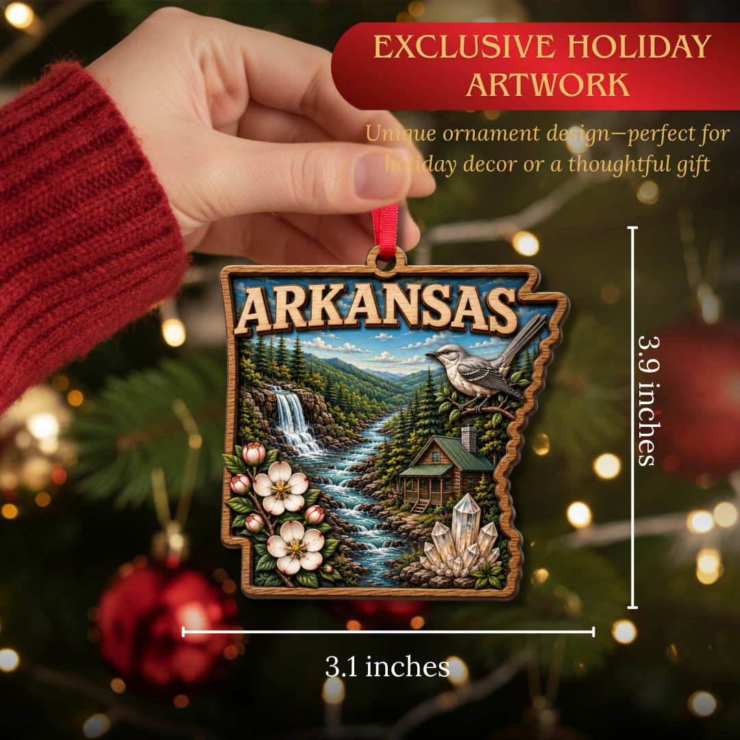 Arkansas Ornament, 2 Layer Wood and Acrylic, Christmas Tree Decoration, Travel Souvenir Gift, Christmas Ornament