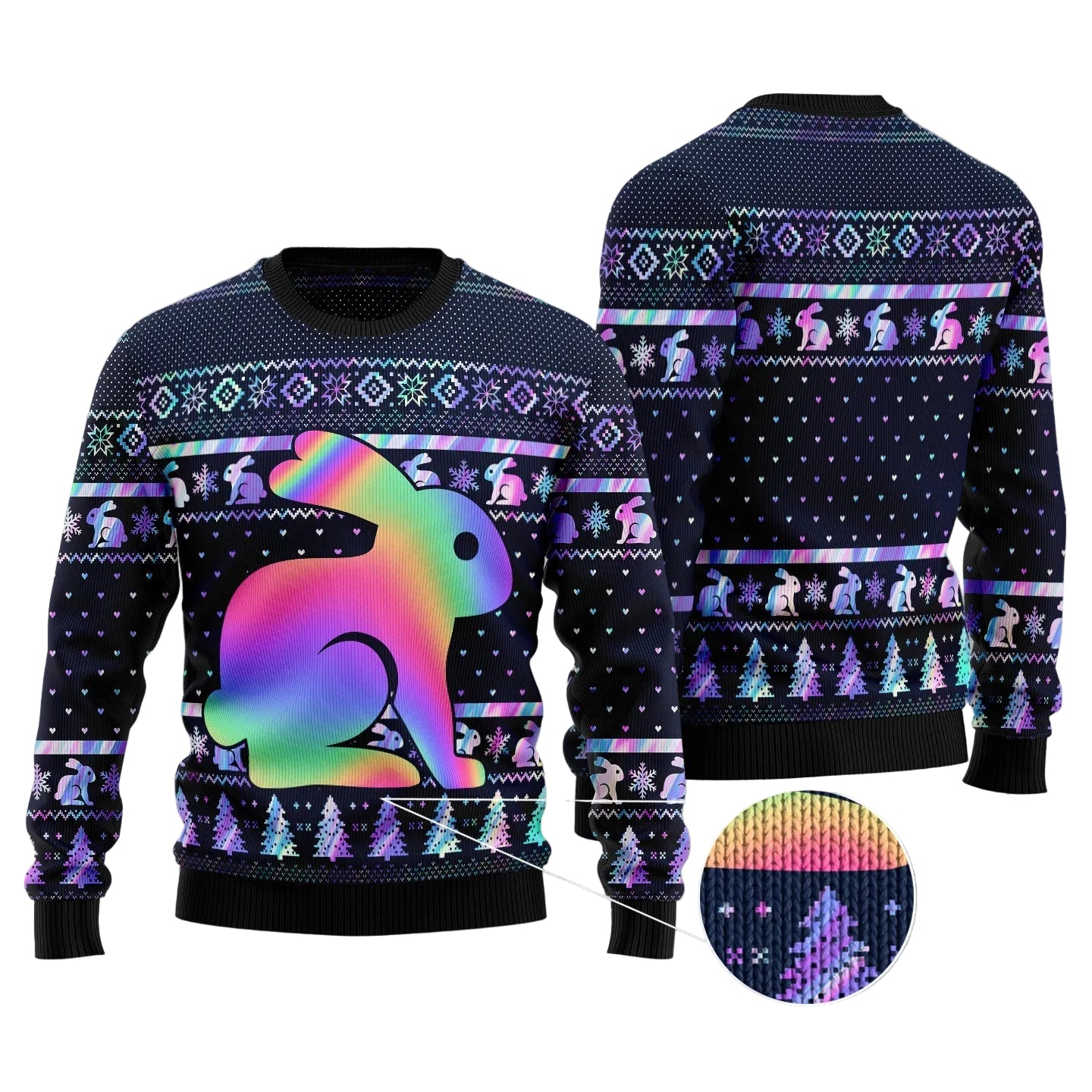Rabbit Hologram Design Ugly Christmas Sweater, Bunny Lover Holiday Pullover for Rabbit Fans and Festive Winter Parties
