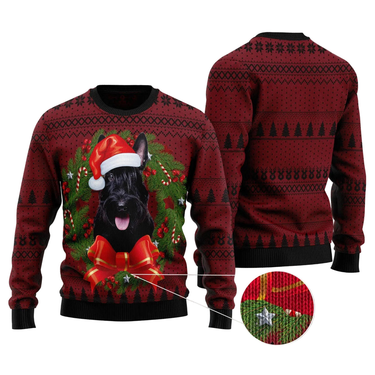Scottish Terrier Wreath Ugly Christmas Sweater, Scottish Terrier Dog Christmas Wreath Design, Holiday Sweater for Adults