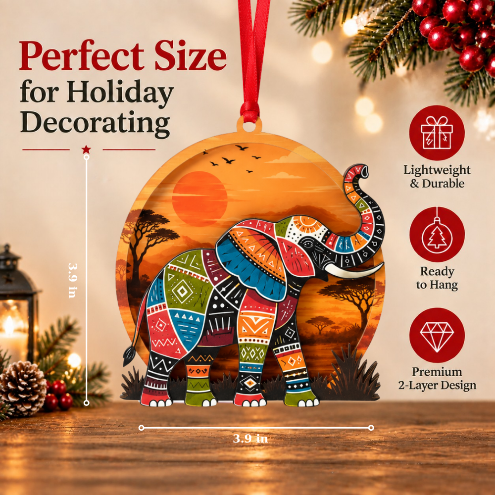 Elephant Christmas Ornament, Wood & Acrylic Christmas Tree Decoration, Holiday Gift for Animal Lovers