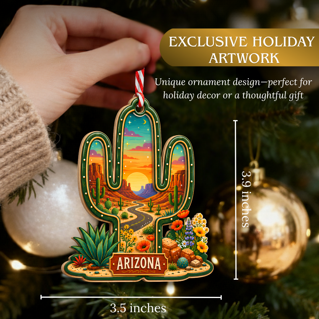 Arizona Christmas Ornament, 2 Layer Wood and Acrylic, Christmas Tree Decoration, Travel Souvenir Gift