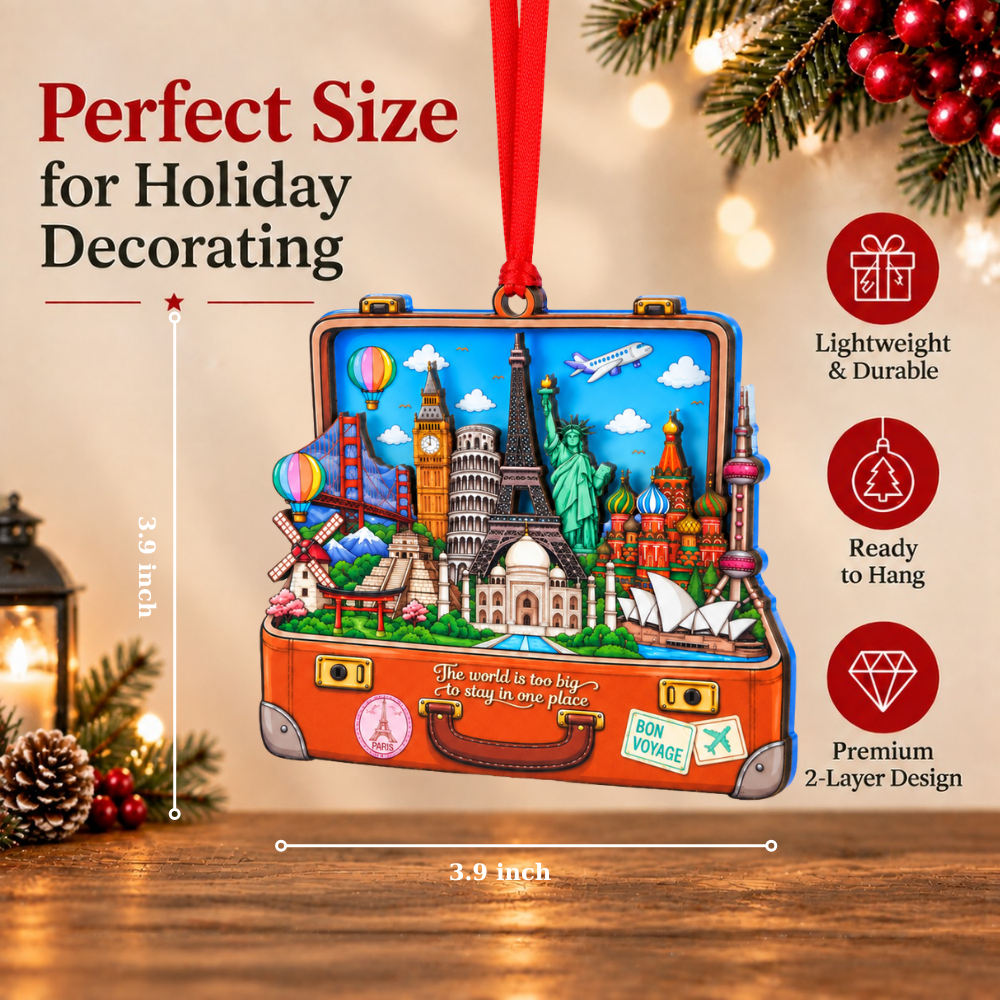 Suitcase Travel Christmas Ornament, Wood & Acrylic Christmas Tree Decoration, Holiday Gift for Travelers