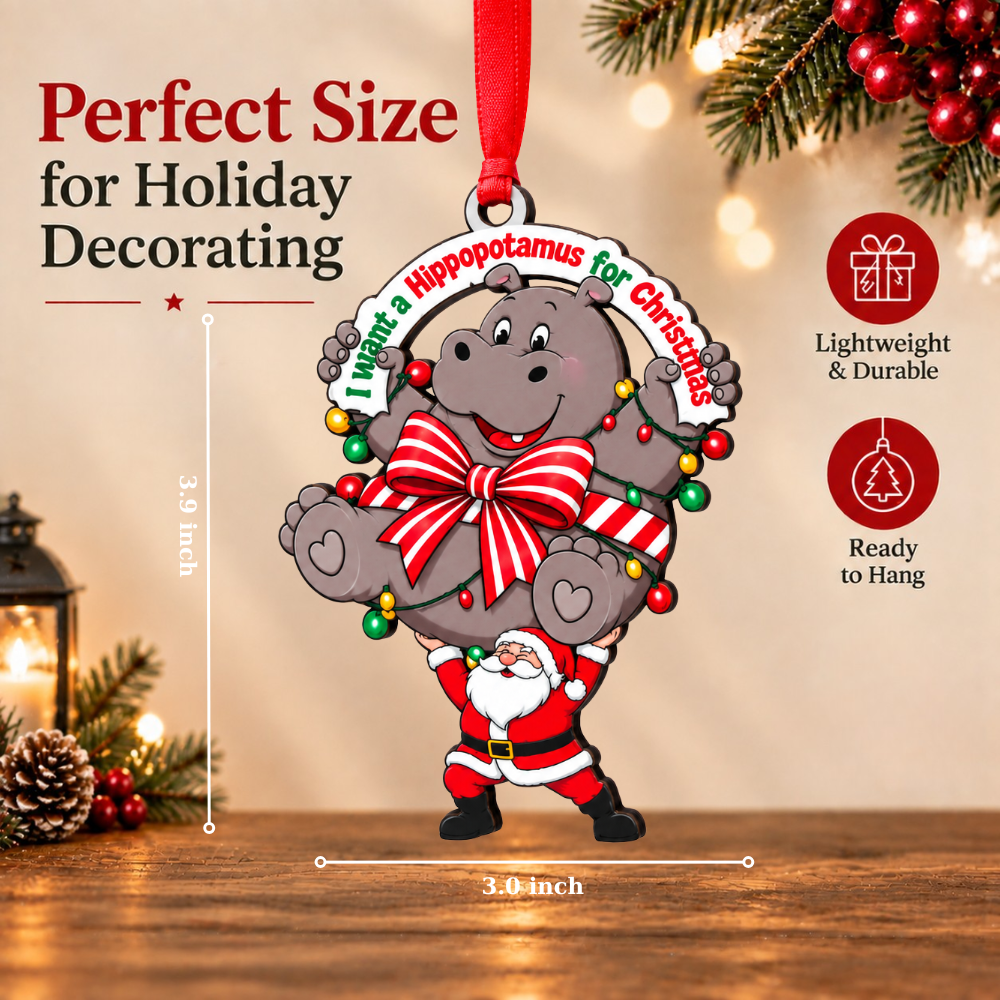 Hippo Christmas Ornament, Wood Christmas Tree Decoration, Holiday Gift for Hippo Lovers for Christmas