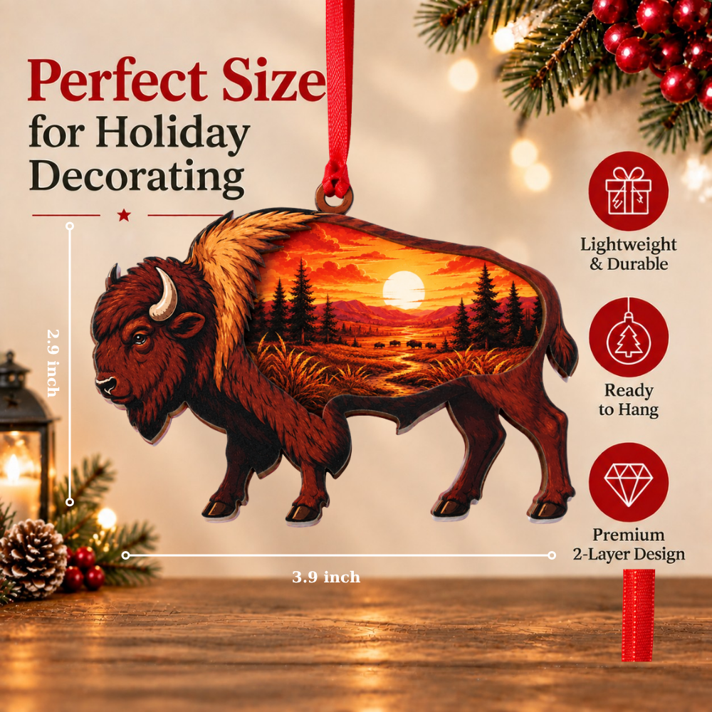 Bison Buffalo Christmas Ornament for Tree, Wood & Acrylic Hanging Decor, Xmas Gift for Nature Lovers And Outdoor Decor