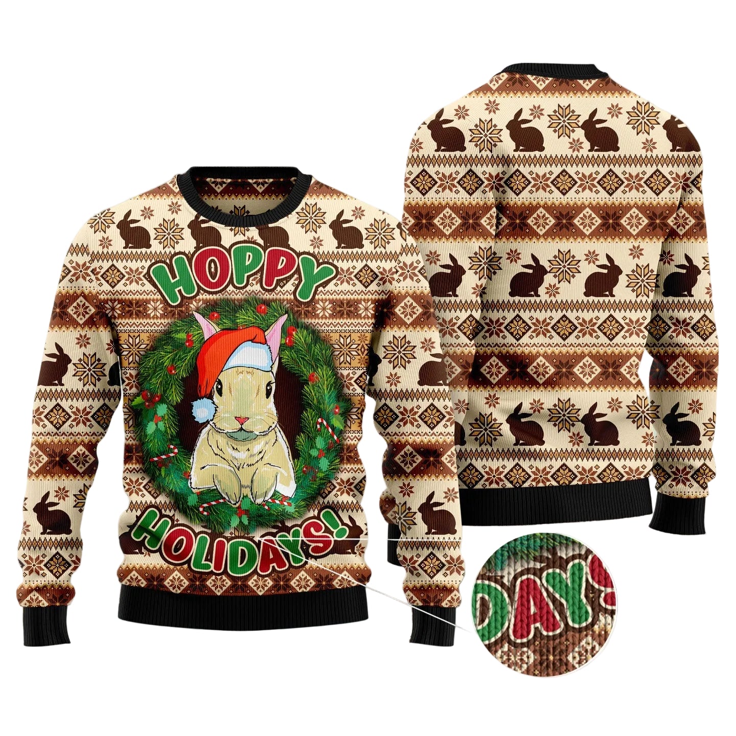 Rabbit Happy Holidays Ugly Christmas Sweater, Cute Bunny Rabbit Party Outfit for Rabbit Owners and Bunny Lovers