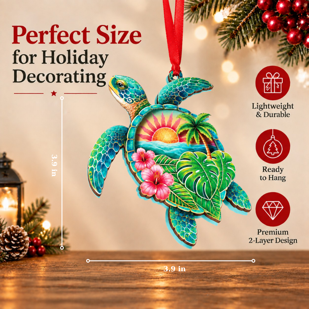Sea Turtle Christmas Ornament for Tree, Wood & Acrylic Hanging Decor, Xmas Gift for Collectors & Holiday Decor Lovers