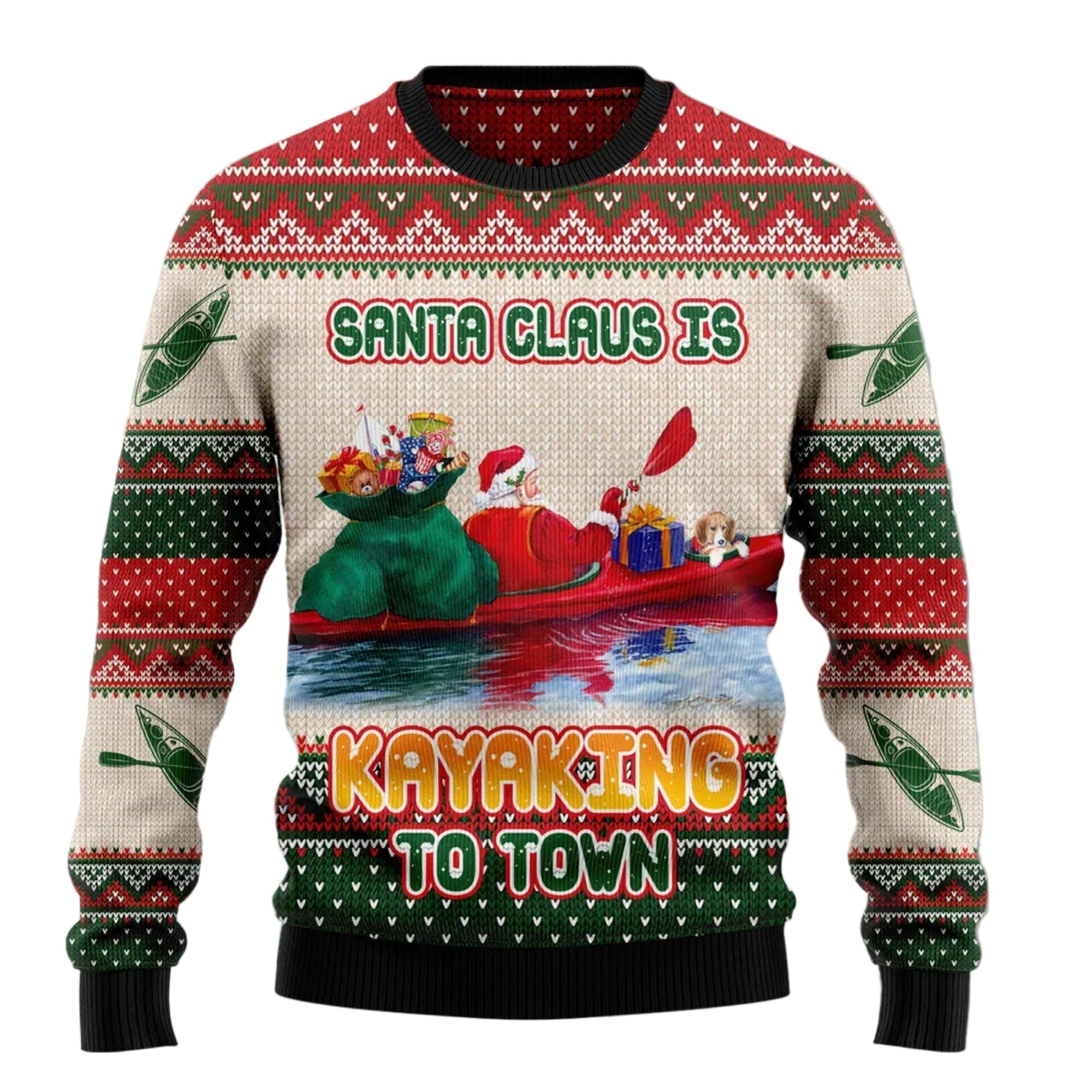 Santa Claus Is Kayaking to Town Ugly Christmas Sweater, Unisex Holiday Party Outfit, Gift for Kayakers and Outdoor Fans