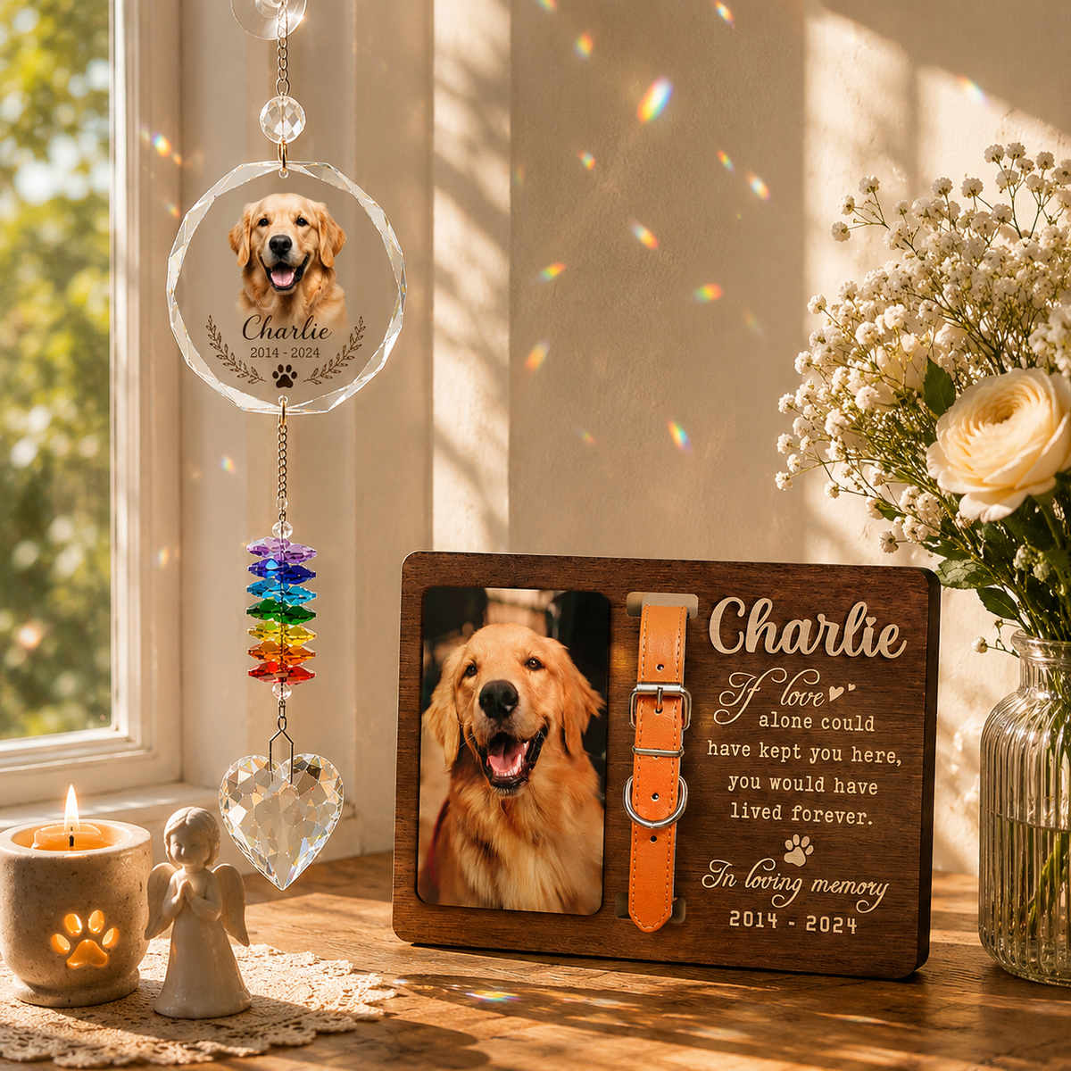 Personalized pet memorial suncatcher displayed beside a dog photo in a peaceful remembrance corner