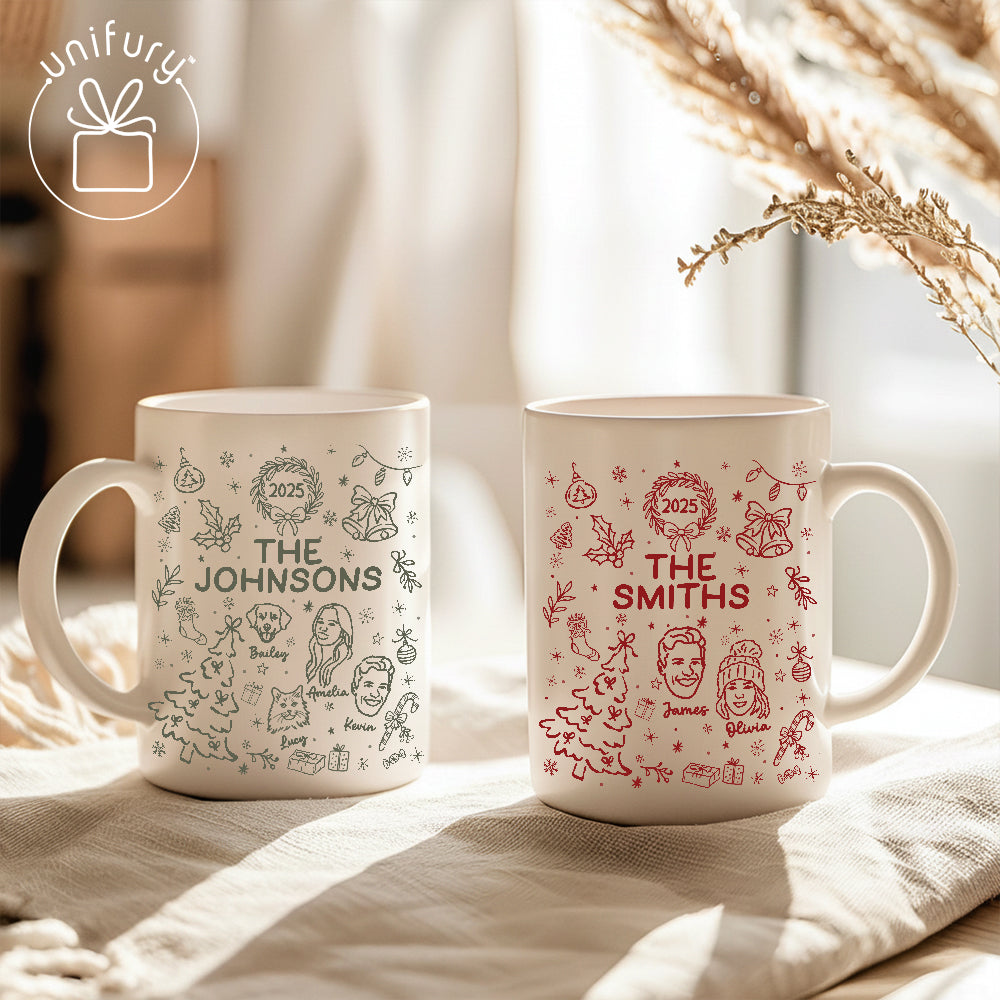 Custom Lineart Drawing Family Pet Portrait Ceramic Edge-to-Edge Mug - Christmas Mug For Family - Christmas Gift For Family