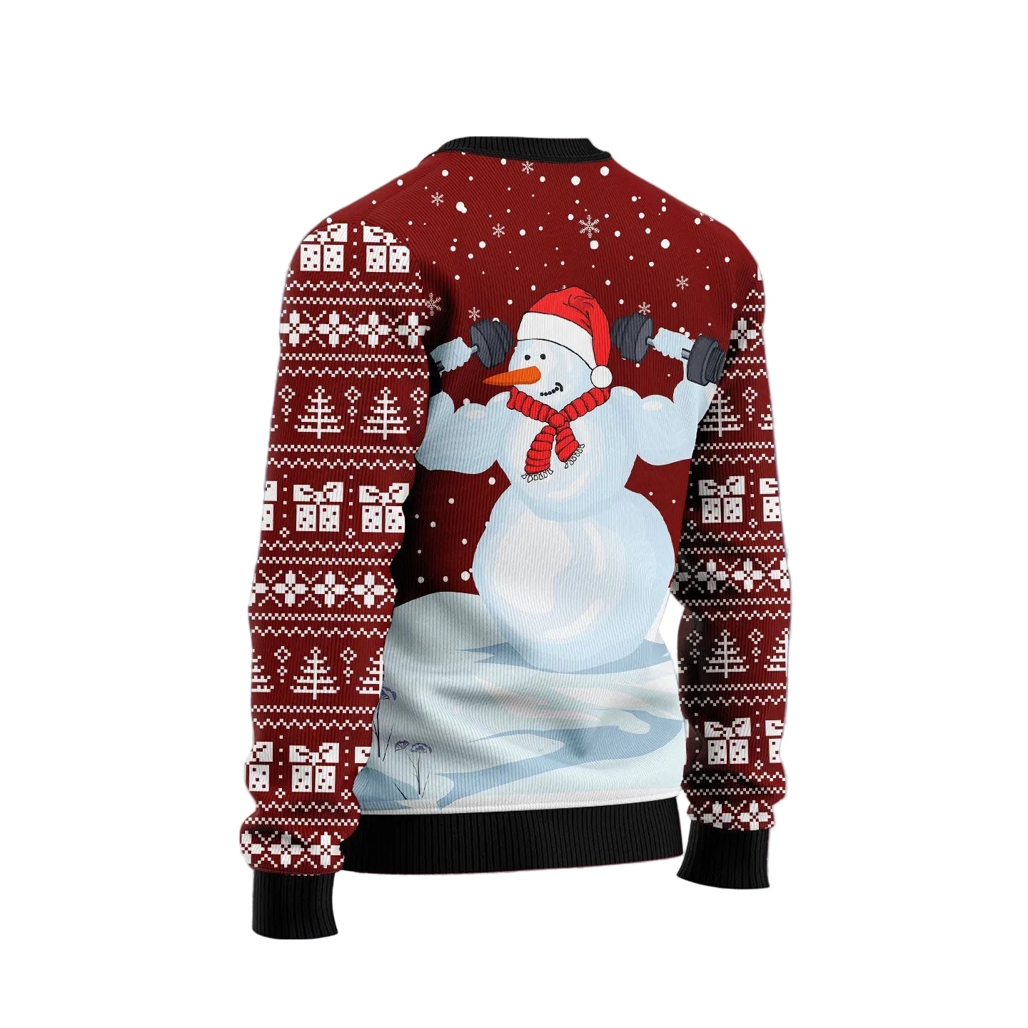 A Christmas-themed long-sleeve sweater shown from the back, featuring a large snowman graphic on a red background with white Nordic-style patterns on the sleeves. The sweater is centered against a snowy, icy blue background with decorative frost and starburst effects.