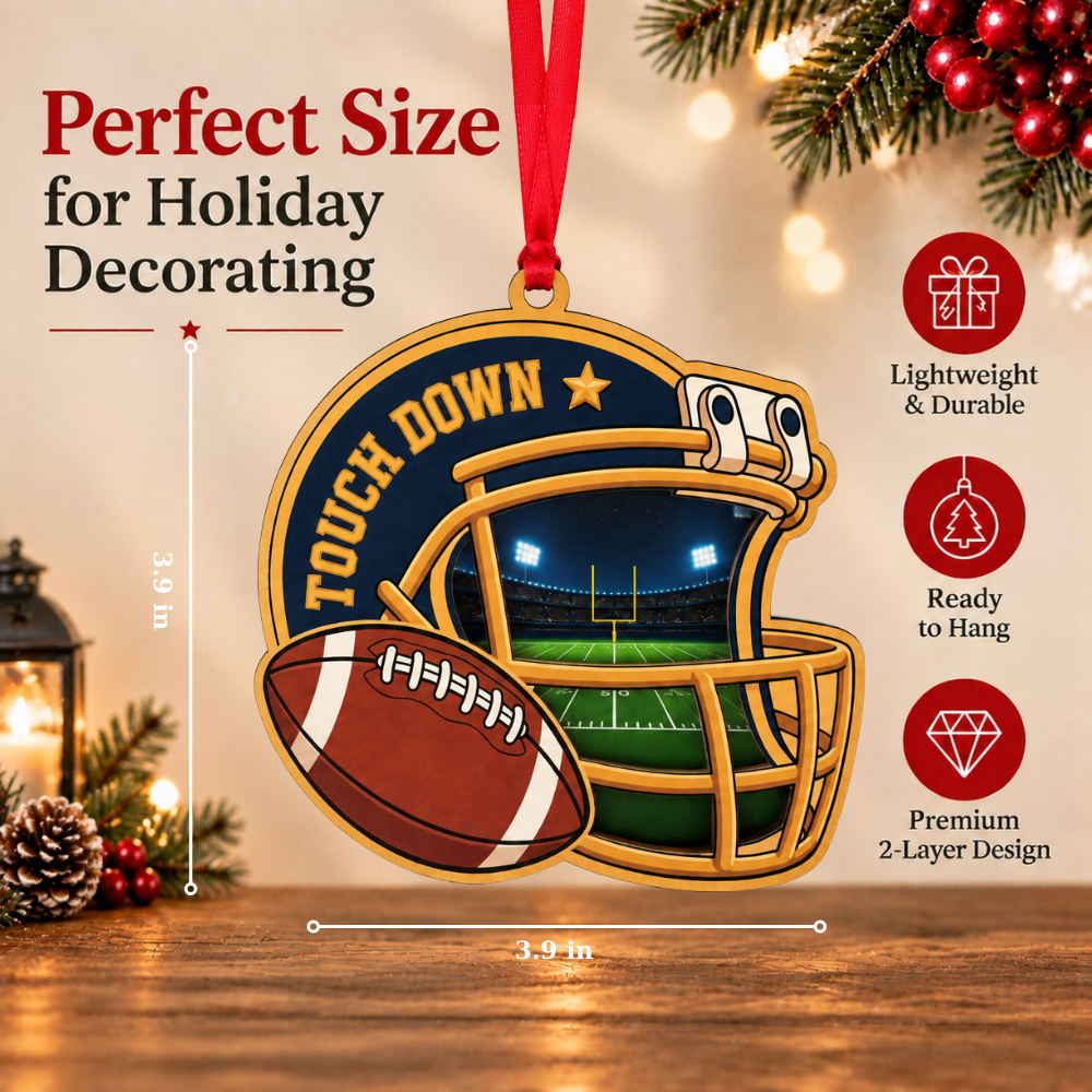 Football Christmas Ornament for Tree, Wood & Acrylic Hanging Decor, Xmas Gift for Collectors & Holiday Decor Lovers
