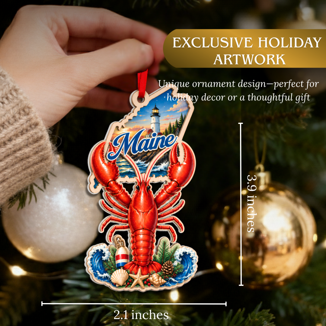 Maine Ornament, 2 Layer Wood and Acrylic, Christmas Tree Decoration, Travel Souvenir Gift, Christmas Ornament