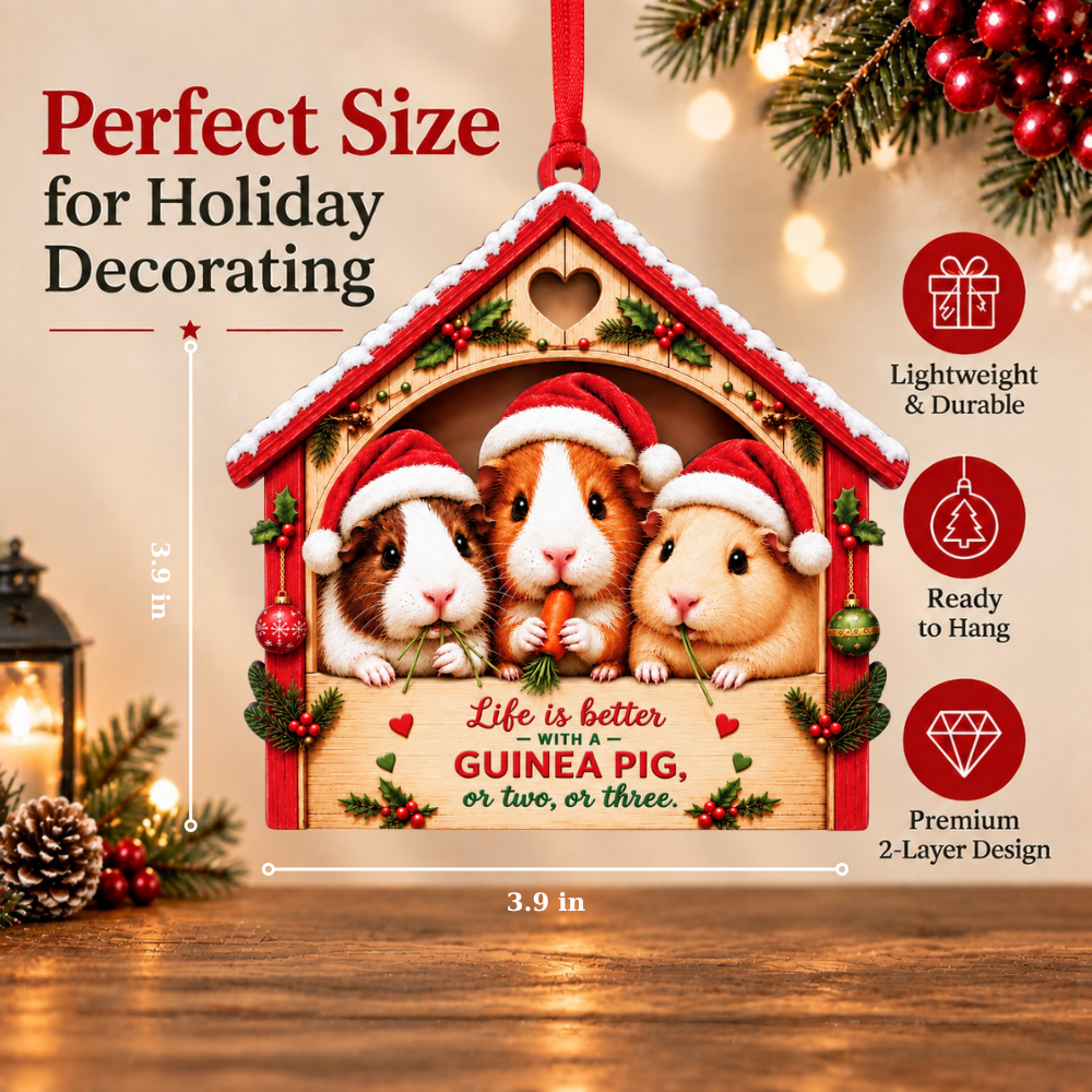 Guinea Pig Christmas Ornament for Tree, Wood & Acrylic Hanging Decor, Xmas Gift for Collectors & Holiday Decor Lovers