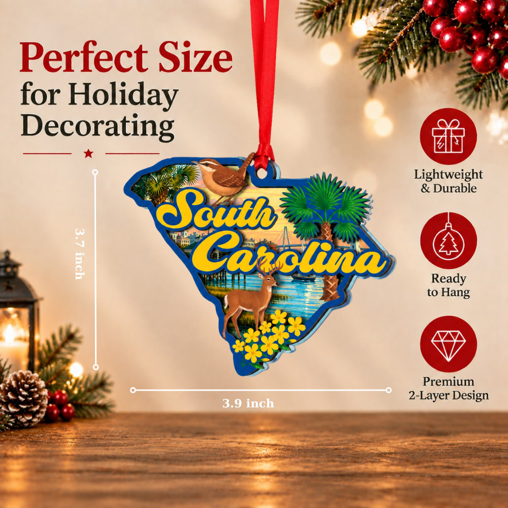 South Carolina Christmas Ornament, Wood & Acrylic Tree Decoration, Gift for Christmas and Holiday Decor Lovers