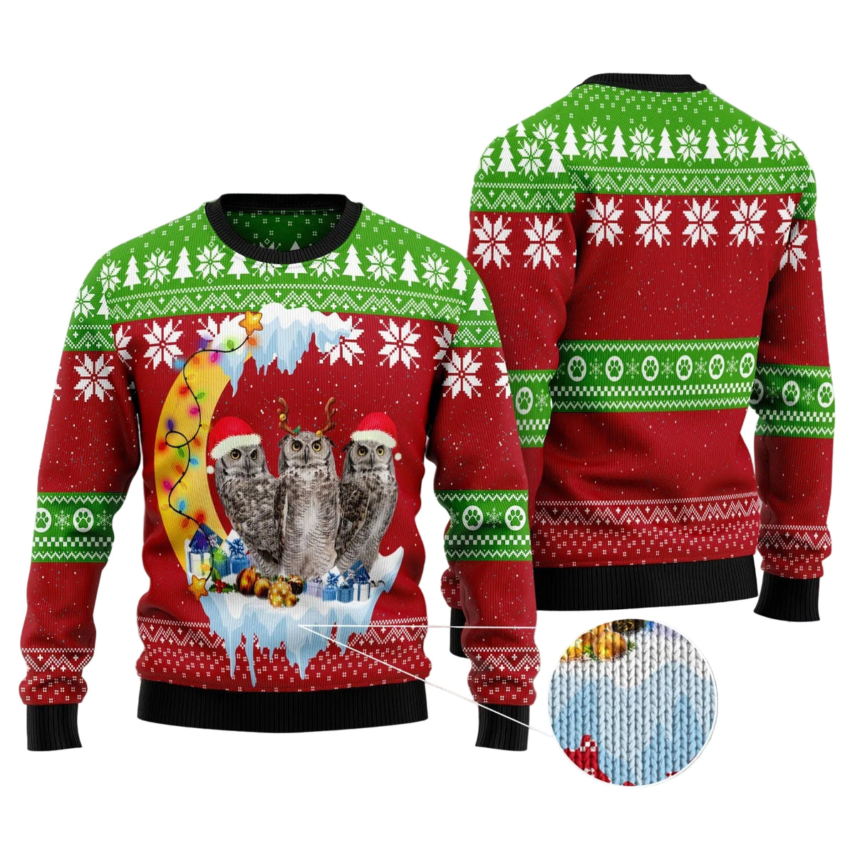 Owl Love Moon Ugly Christmas Sweater, Moonlit Owl Design Holiday Pullover for Owl Lovers and Birdwatchers