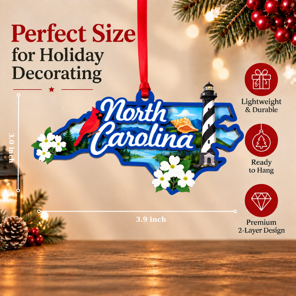 North Carolina Christmas Ornament for Tree, Wood & Acrylic Hanging Decor, Xmas Gift for Residents Travelers State Lovers