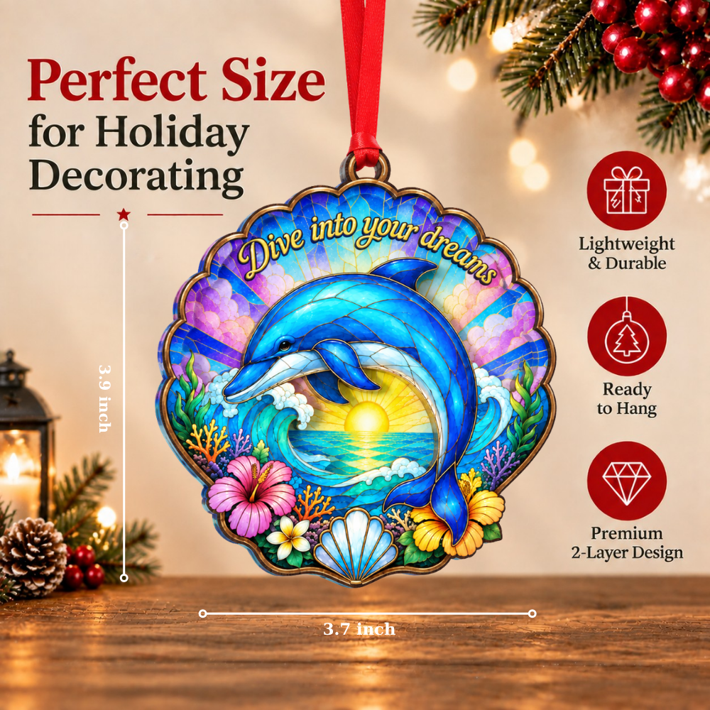 Dolphin Christmas Ornament, Wood & Acrylic Christmas Tree Decoration, Holiday Gift for Collectors & Holiday Decor Lovers