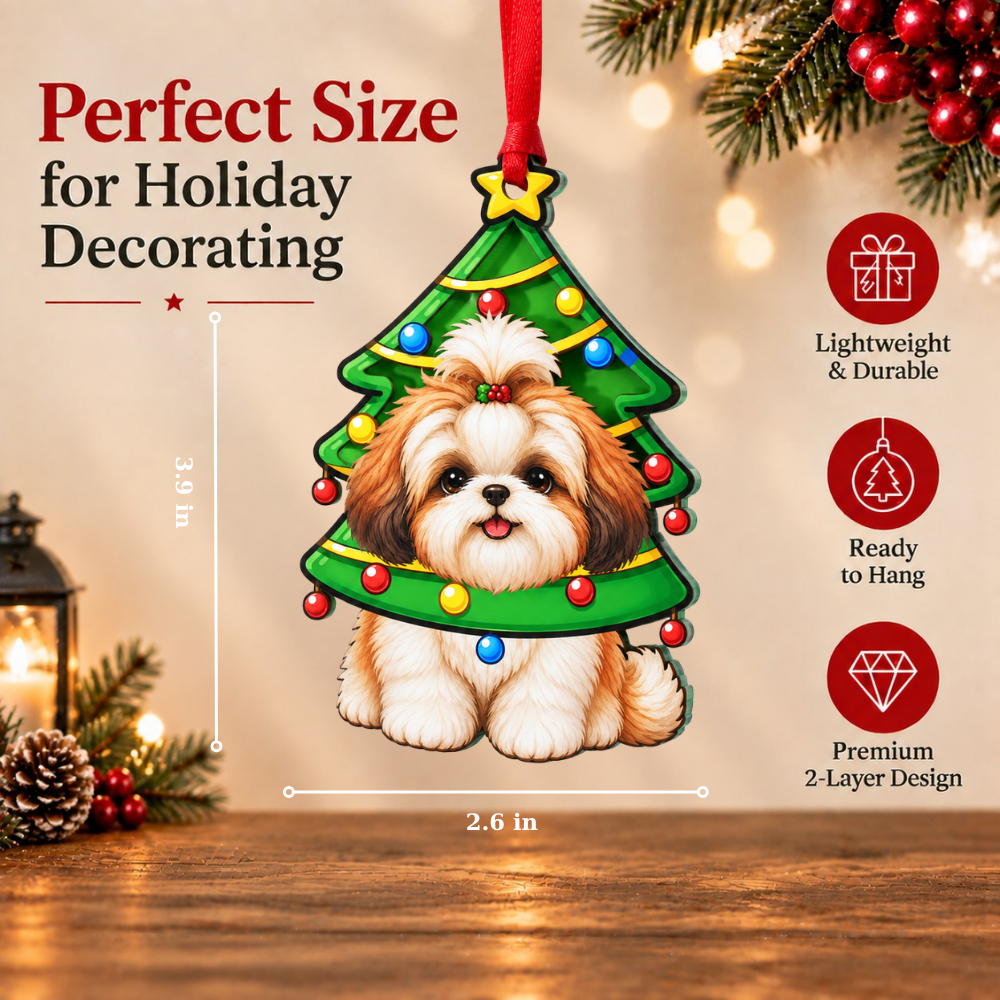Shih Tzu Dog Christmas Ornament for Tree, Wood & Acrylic Hanging Decor, Xmas Gift for Collectors & Holiday Decor Lovers