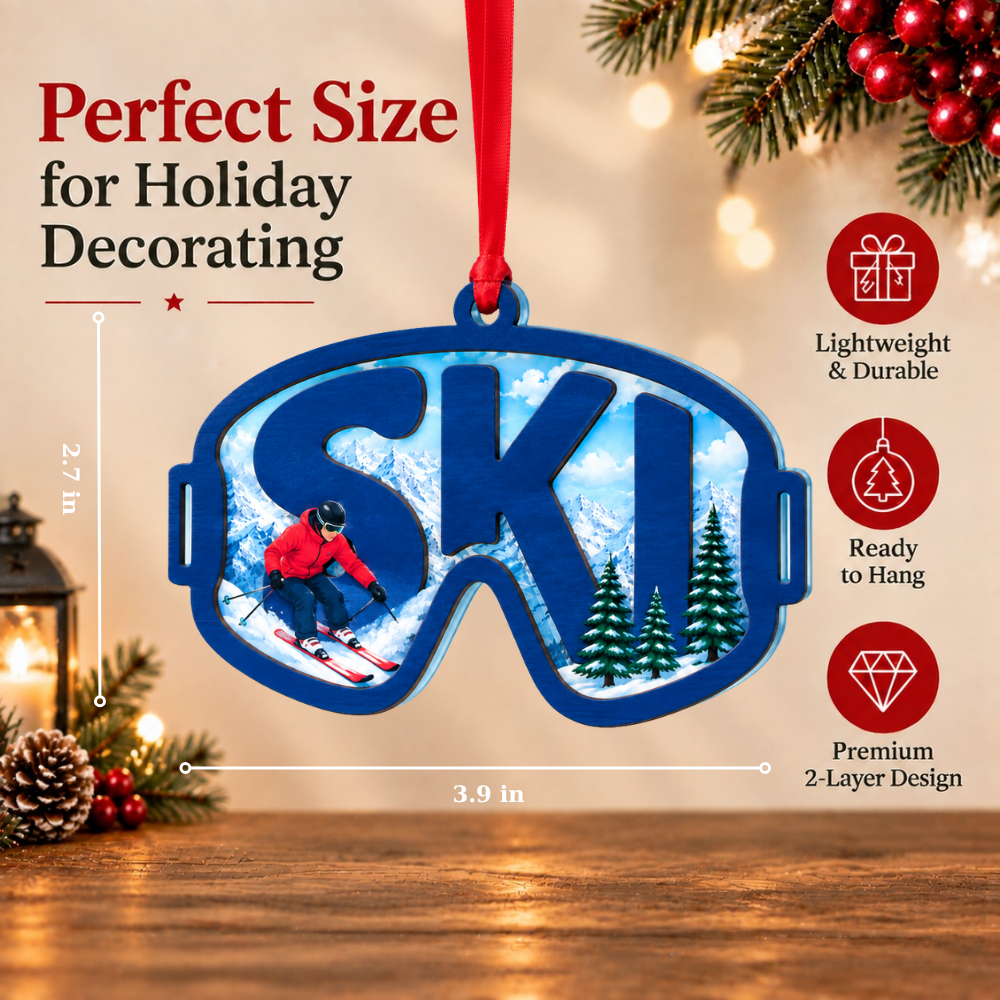 Skiing Christmas Ornament, Wood & Acrylic Christmas Tree Decoration, Holiday Gift for Ski Lovers And Winter Decor