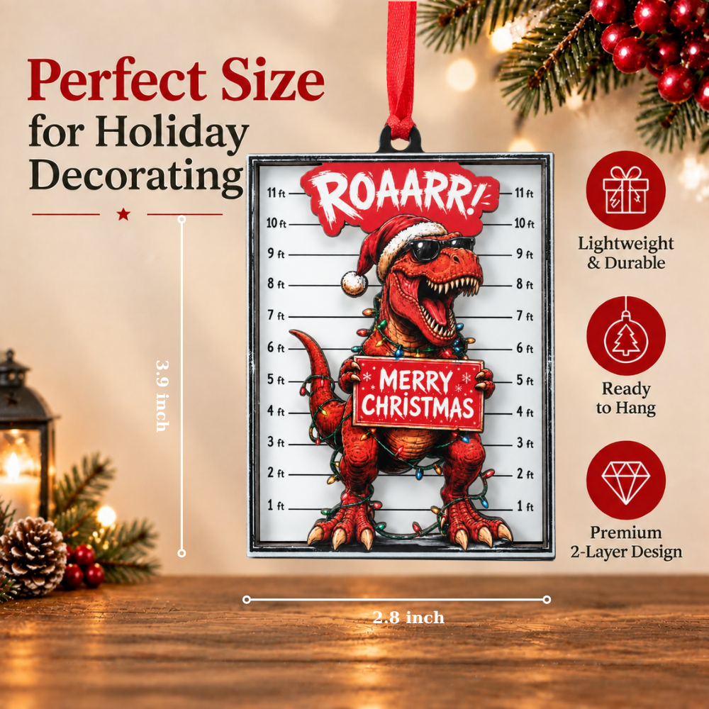 T Rex Christmas Ornament, Wood & Acrylic Christmas Tree Decoration, Holiday Gift for Collectors & Holiday Decor Lovers