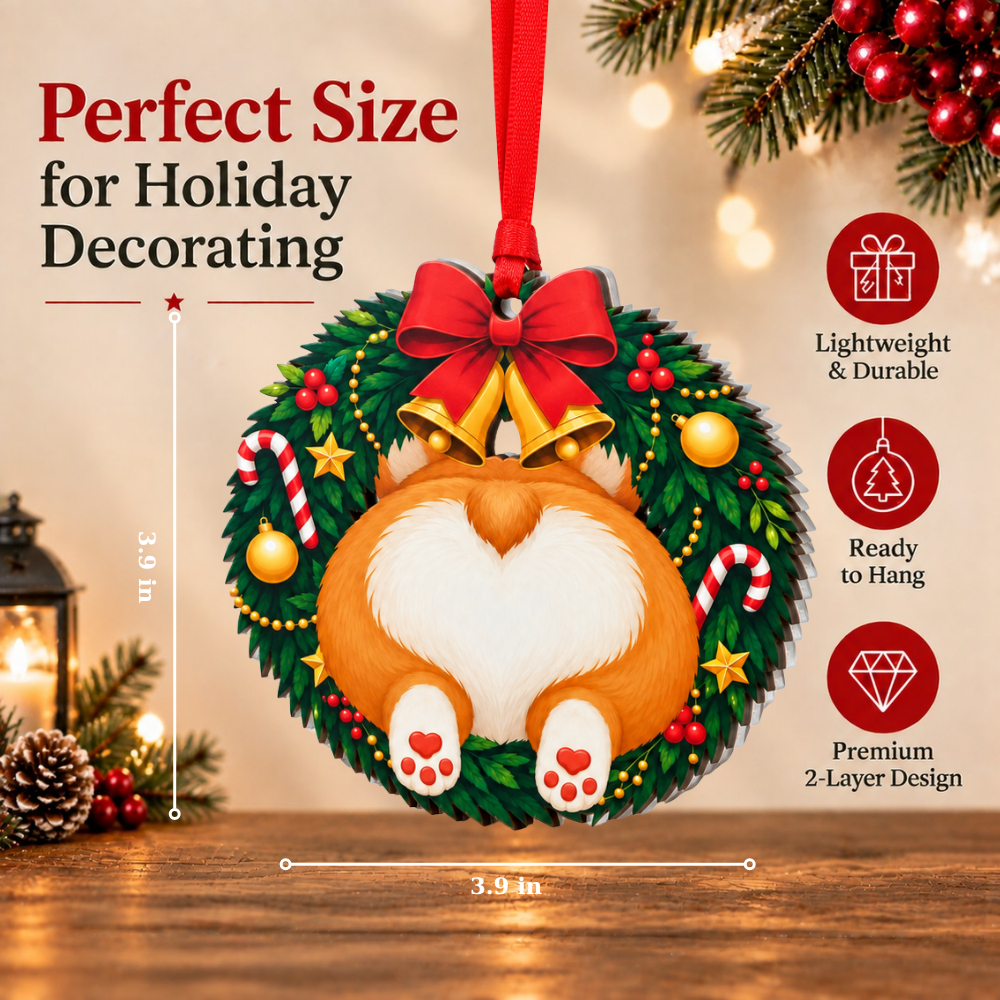 Corgi Dog Christmas Ornament for Tree, Wood & Acrylic Hanging Decor, Xmas Gift for Collectors & Holiday Decor Lovers