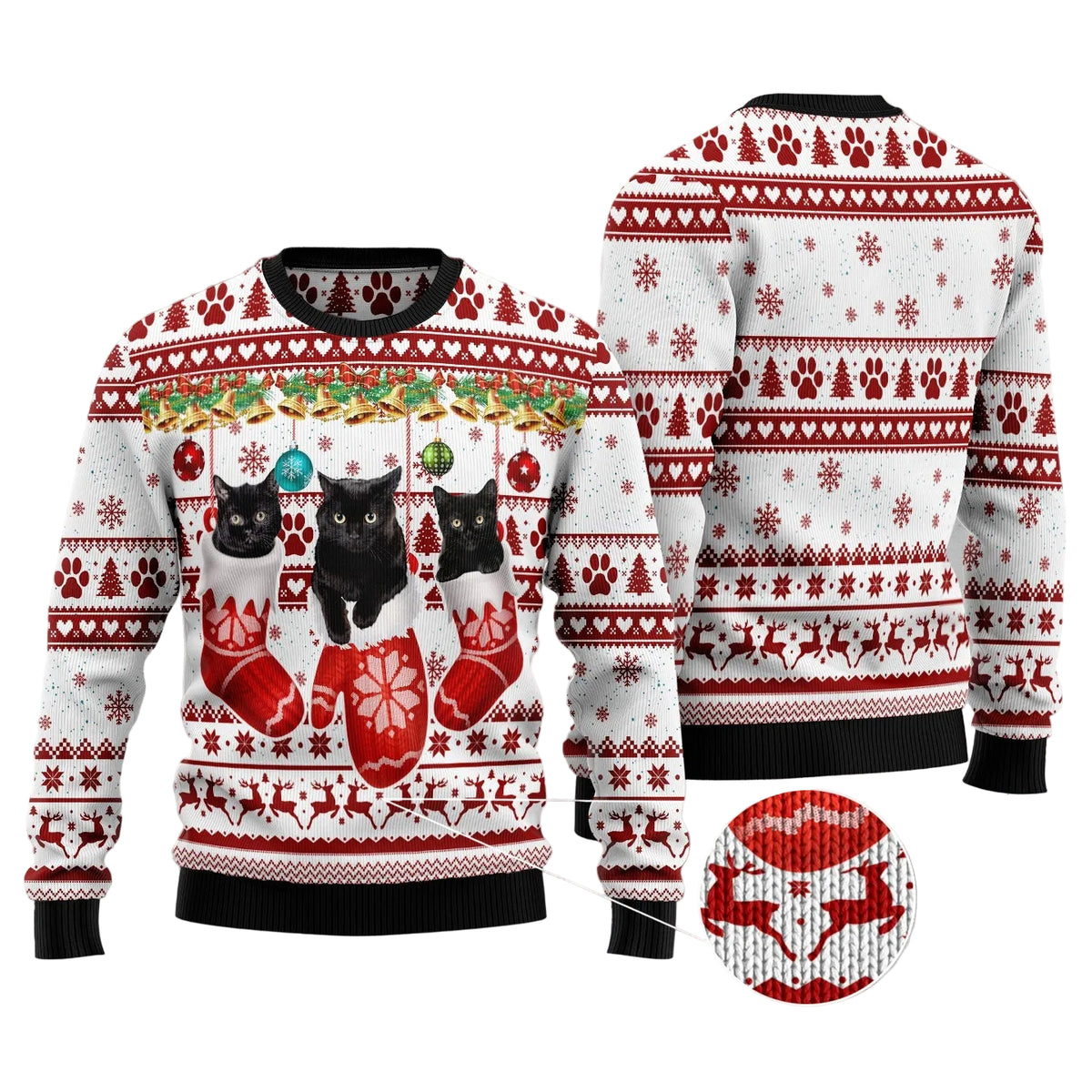 Black Cat Gloves Ugly Christmas Sweater, Black Cat in Winter Gloves Holiday Print, Holiday Sweater for Adults