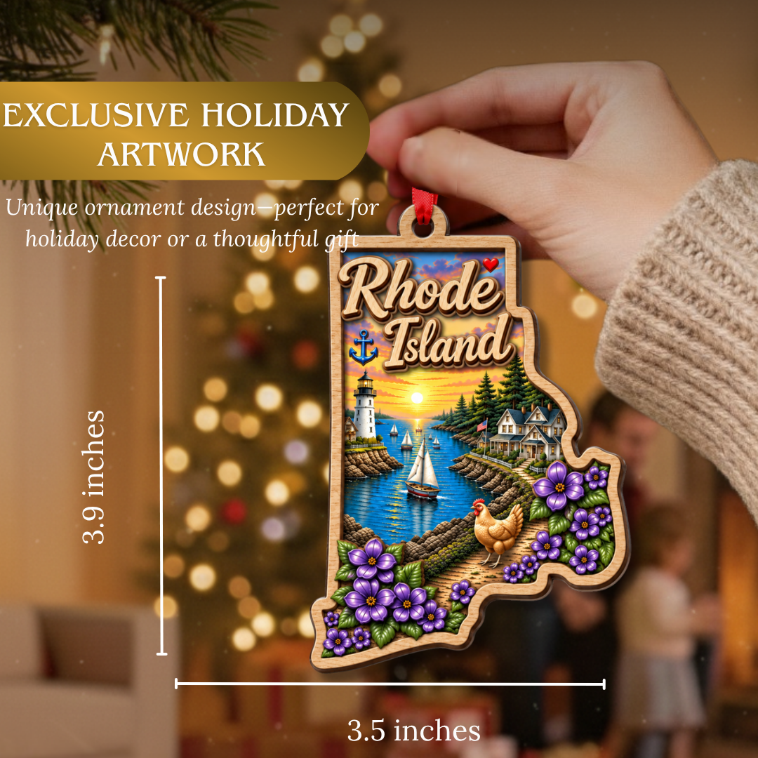Rhode Island Ornament, 2 Layer Wood and Acrylic, Christmas Tree Decoration, Travel Souvenir Gift, Christmas Ornament