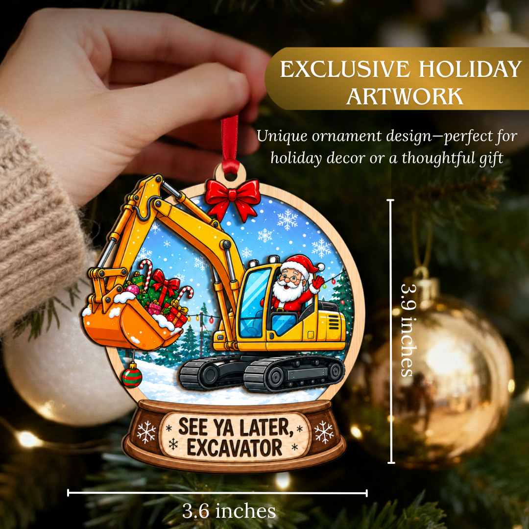 Excavator Ornament, 2 Layer Wood and Acrylic, Christmas Tree Decoration, Holiday Gift, Christmas Ornament