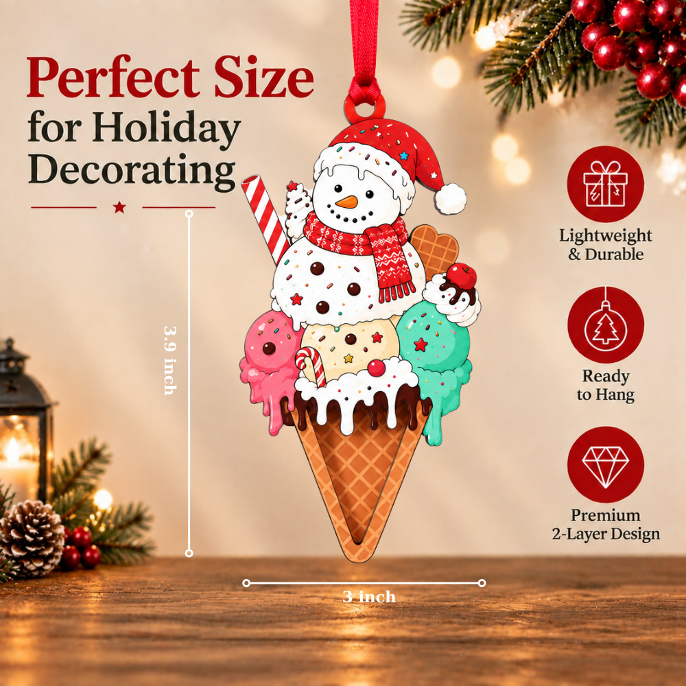 Ice Cream Christmas Ornament for Tree, Wood & Acrylic Hanging Decor, Xmas Gift for Collectors & Holiday Decor Lovers