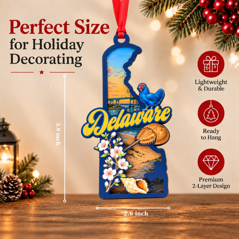 Delaware State Christmas Ornament, Wood & Acrylic Tree Decoration, Gift for Christmas and Holiday Decor Lovers