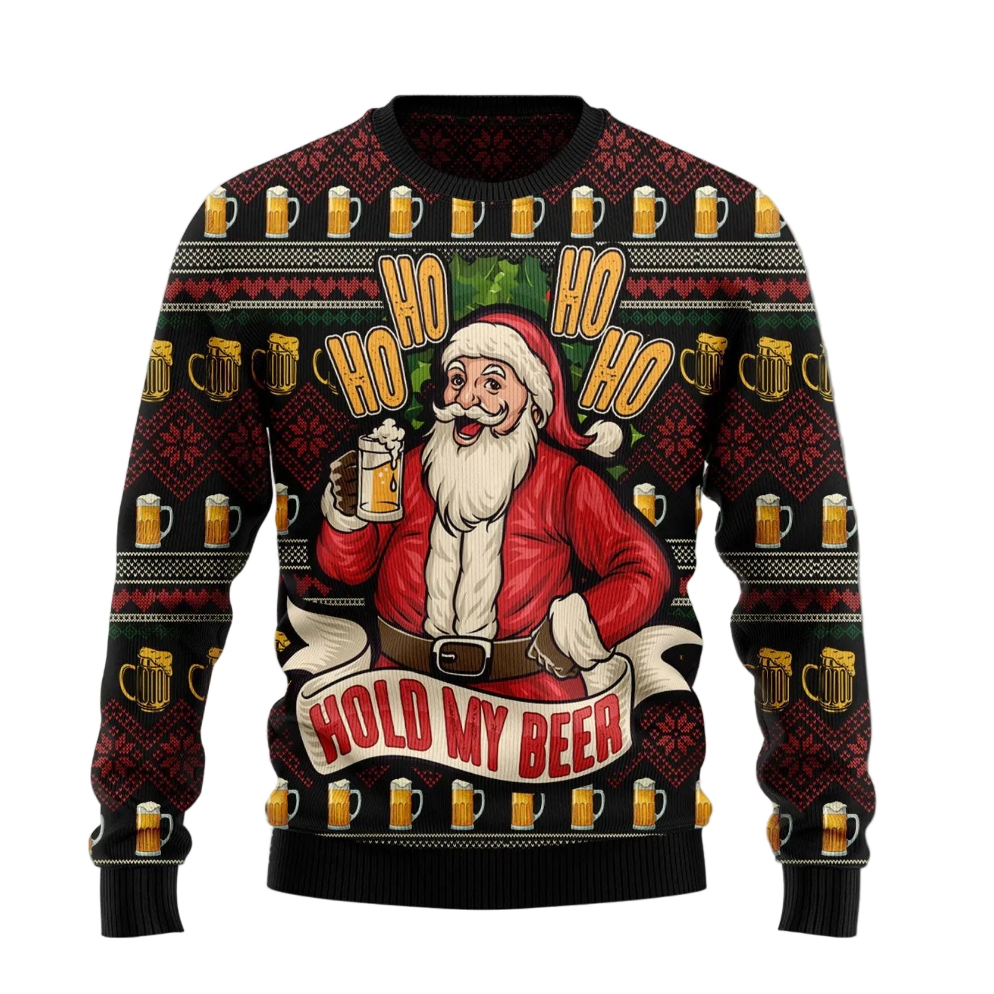 Ho Ho Hold My Beer Ugly Christmas Sweater, Beer Lover Santa Print for Men and Women, Festive Christmas Party Outfit