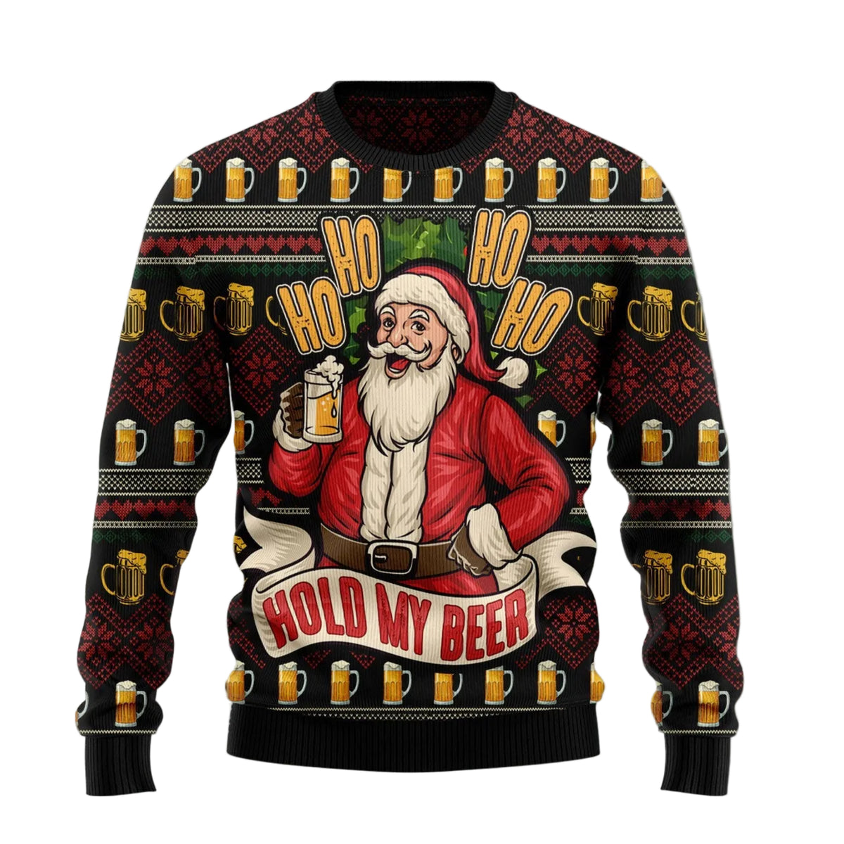 Ho Ho Hold My Beer Ugly Christmas Sweater, Beer Lover Santa Print for Men and Women, Festive Christmas Party Outfit