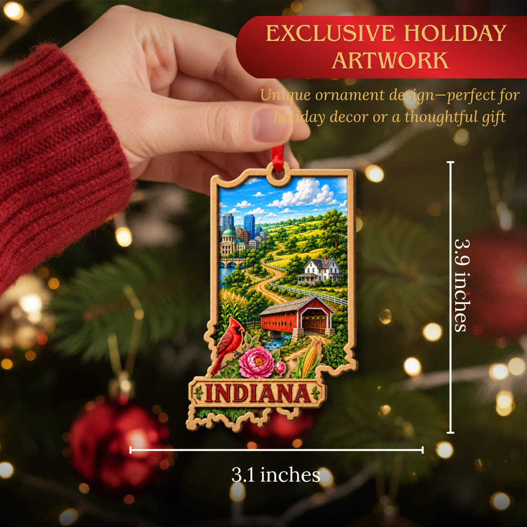 Indiana Ornament, 2 Layer Wood and Acrylic, Christmas Tree Decoration, Travel Souvenir Gift, Christmas Ornament