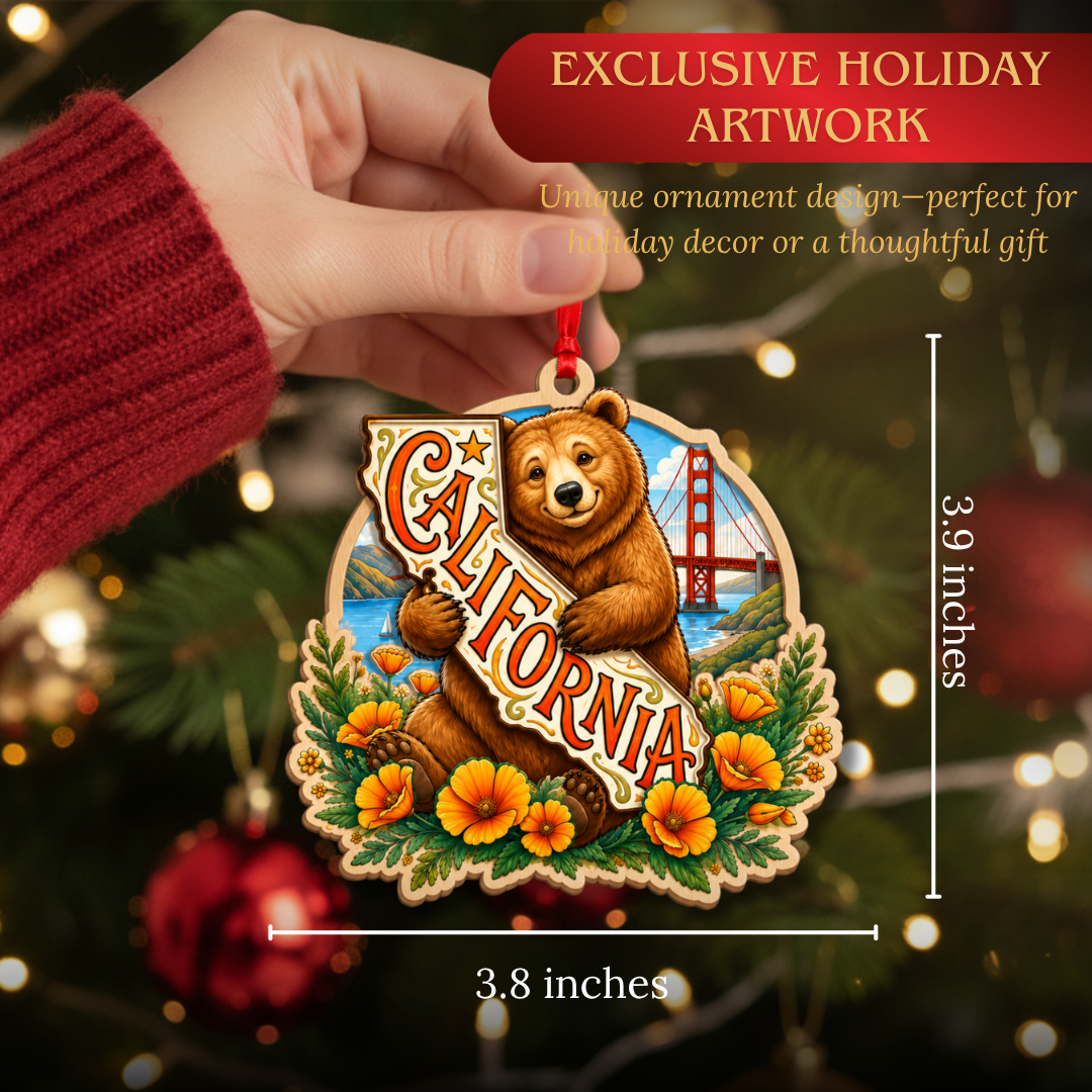 California Ornament, 2 Layer Wood and Acrylic, Christmas Tree Decoration, Travel Souvenir Gift, Christmas Ornament