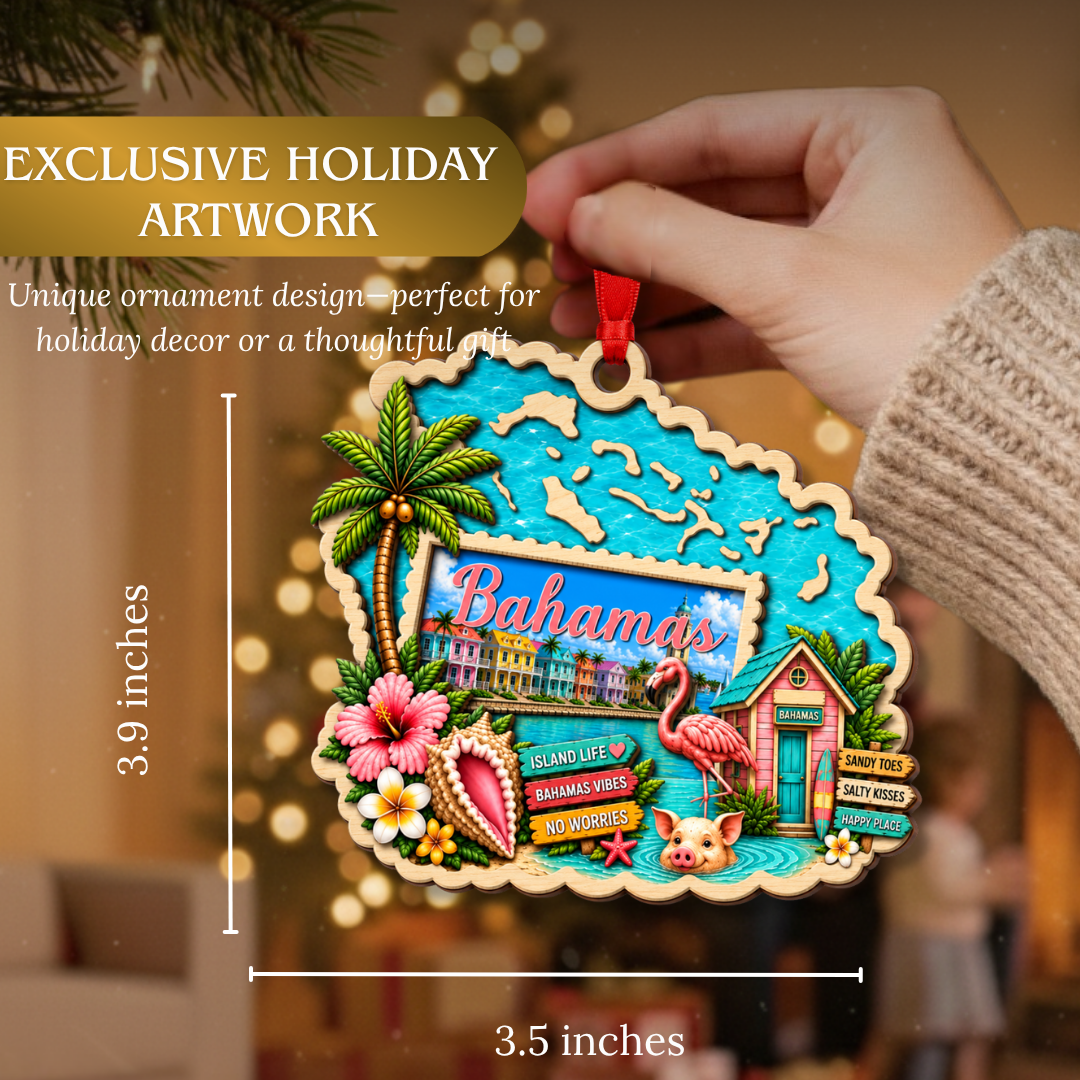 Bahamas Ornament, 2 Layer Wood and Acrylic, Christmas Tree Decoration, Travel Souvenir Gift, Christmas Ornament