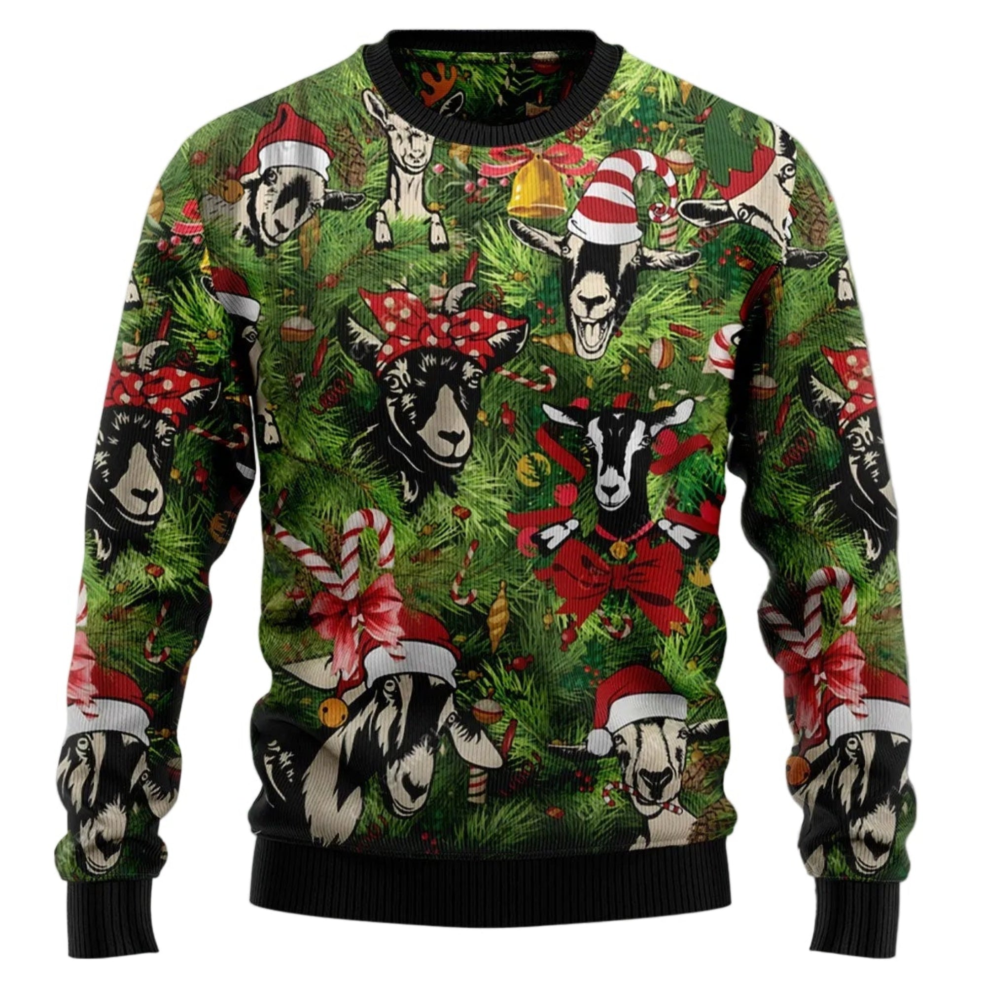 Ugly Christmas sweater with goat pattern on a snowy background