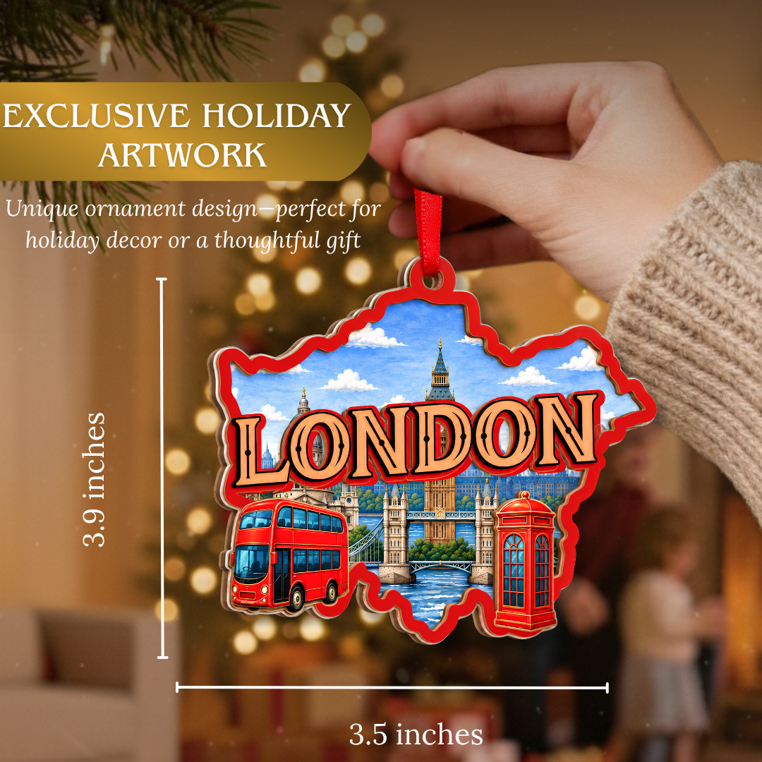 London Ornament, 2 Layer Wood and Acrylic, Christmas Tree Decoration, Travel Souvenir Gift, Christmas Ornament