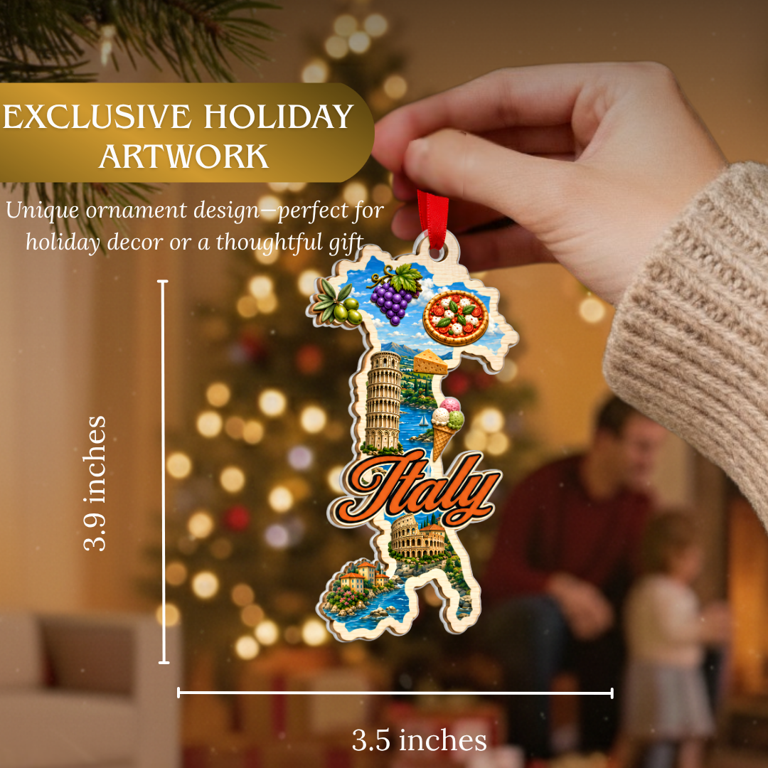 Italy Ornament, 2 Layer Wood and Acrylic, Christmas Tree Decoration, Travel Souvenir Gift, Christmas Ornament