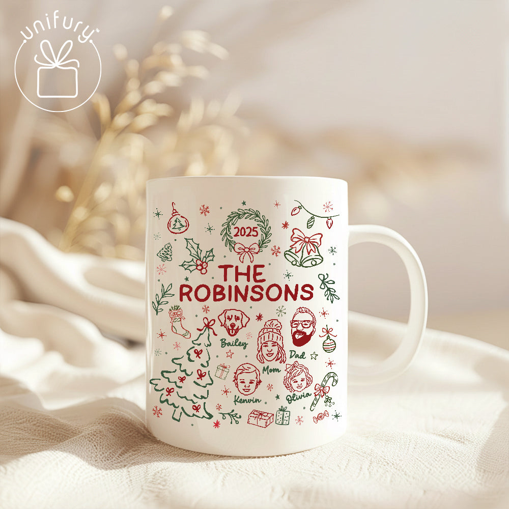 Custom Lineart Drawing Family Pet Portrait Ceramic Edge-to-Edge Mug - Christmas Mug For Family - Christmas Gift For Family