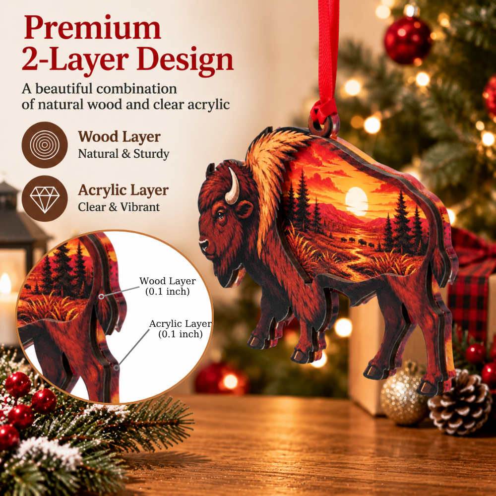 Bison Buffalo Christmas Ornament for Tree, Wood & Acrylic Hanging Decor, Xmas Gift for Nature Lovers And Outdoor Decor